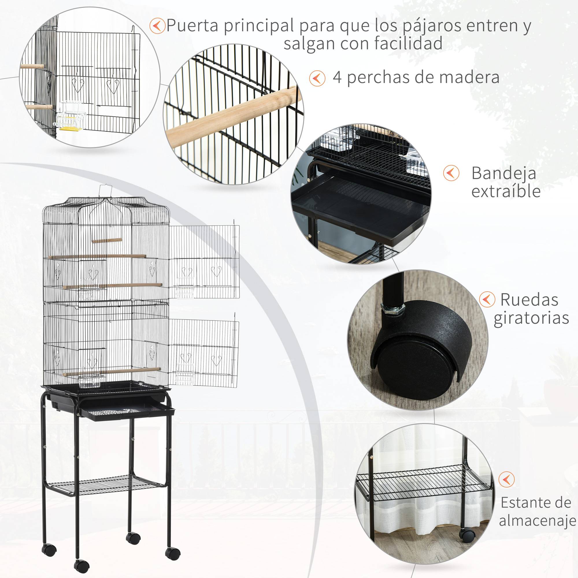 Cage à oiseaux avec support, cage en métal à roulettes, plateau et étagère amovibles, 46,5 x 36 x 157 cm, noire - Image 7