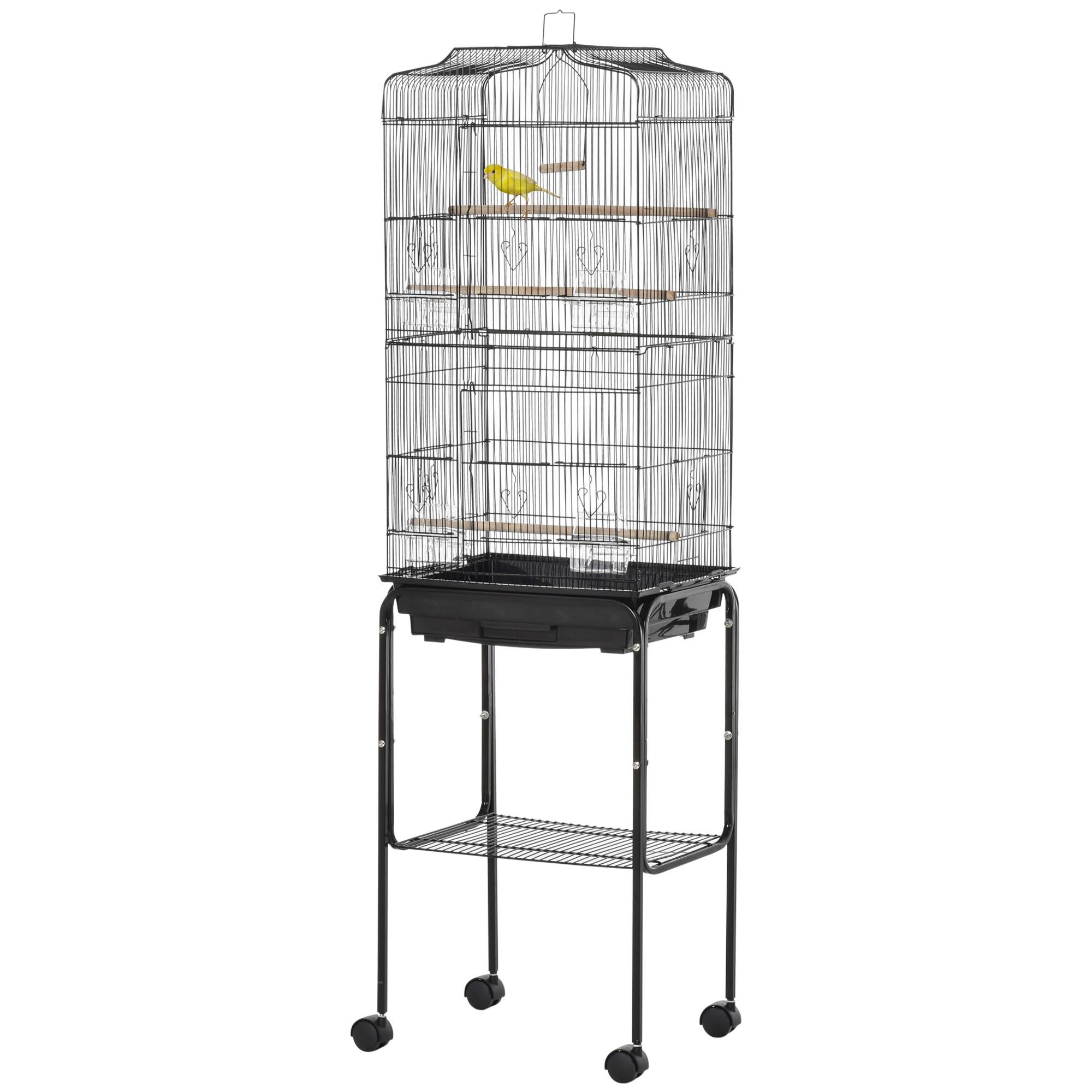 Cage à oiseaux avec support, cage en métal à roulettes, plateau et étagère amovibles, 46,5 x 36 x 157 cm, noire - Image 2