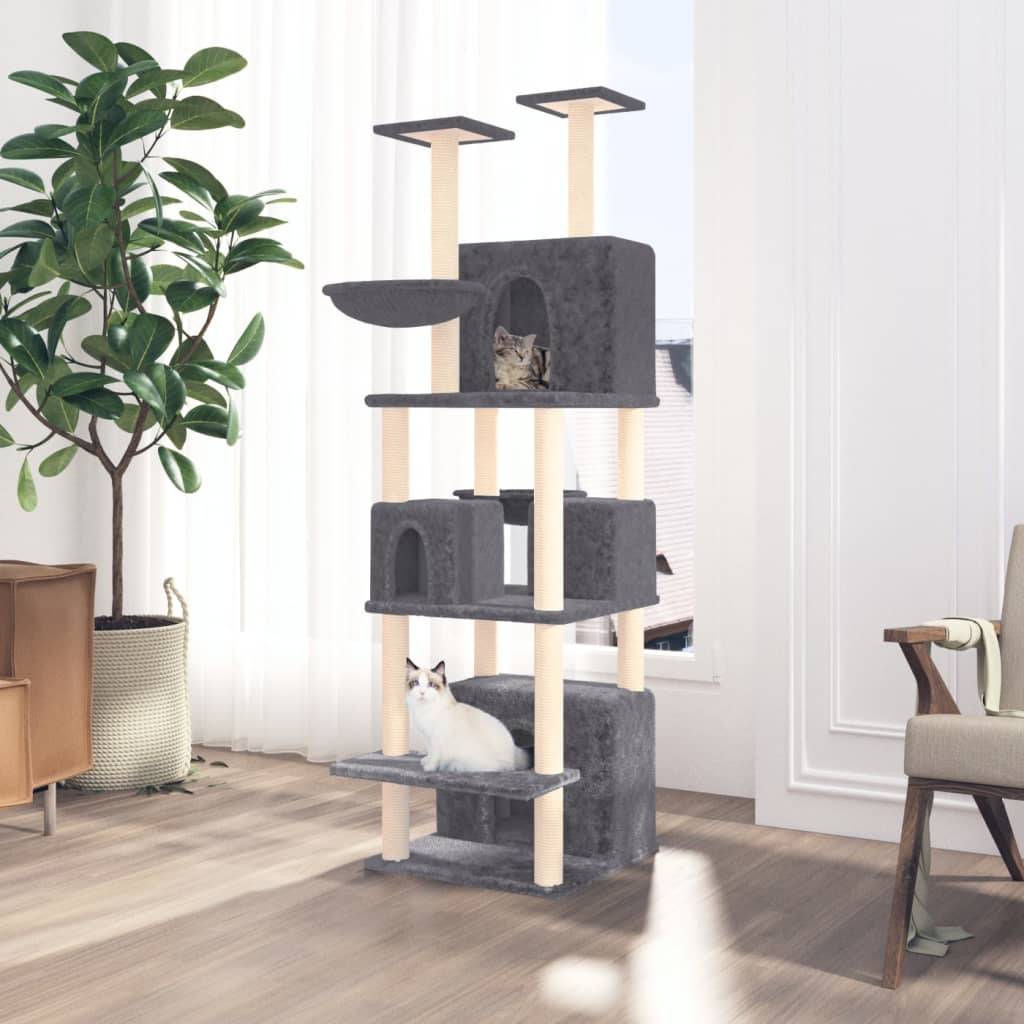 Arbre à Chat Géant 180cm pour Plusieurs Chats, 4 Niches, 2 Hamacs, Griffoirs Sisal, Peluche Gris Foncé – ComfortXL Pet Living - Image 1