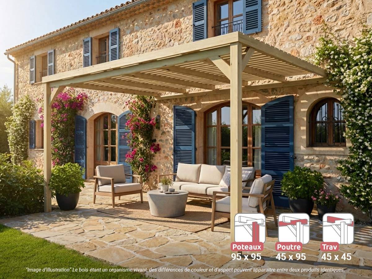 Pergola adossée en bois Montpellier 420 x 300 cm + 2 supports surélevés - Maderland - Image 1