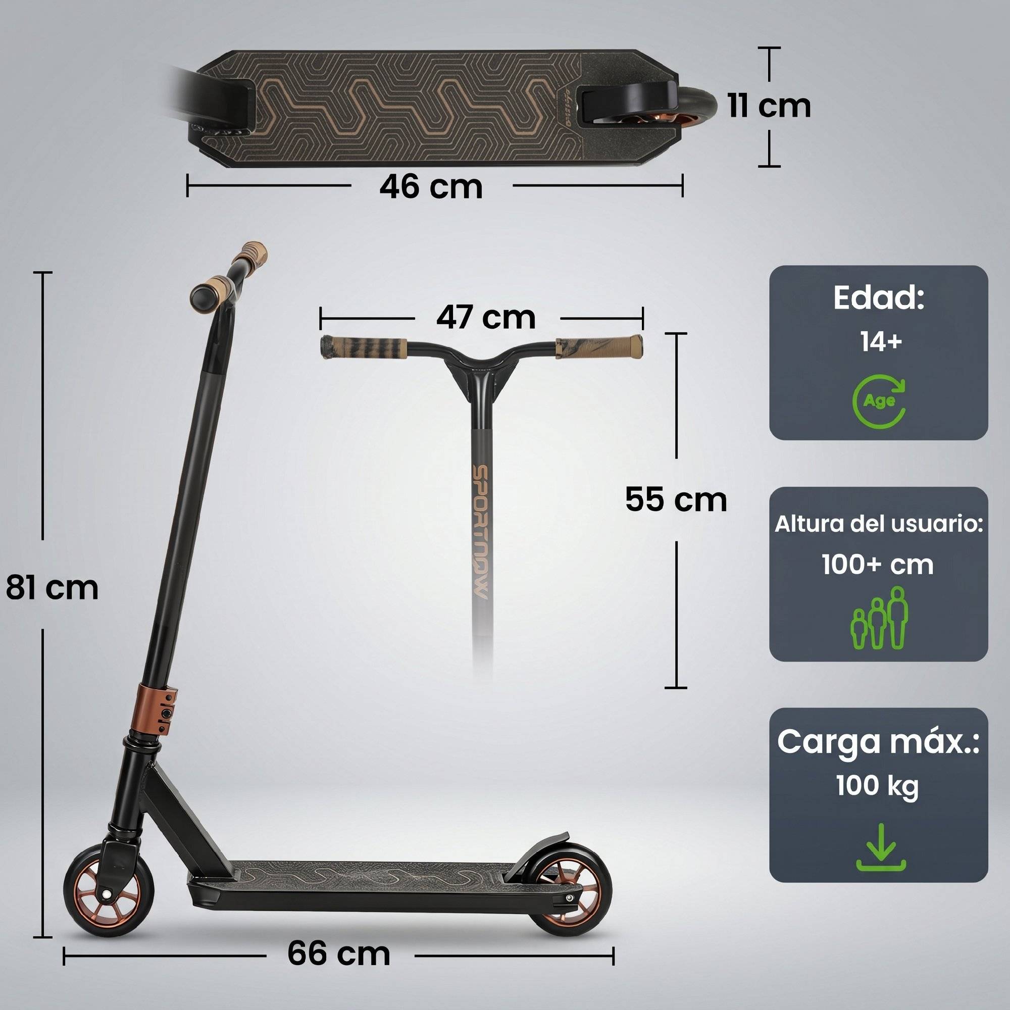 Sans Marque - Trottinette freestyle figures acrobatiques roulements ABEC-9 roues 120 mm rotation 360° skatepark or - Image 5
