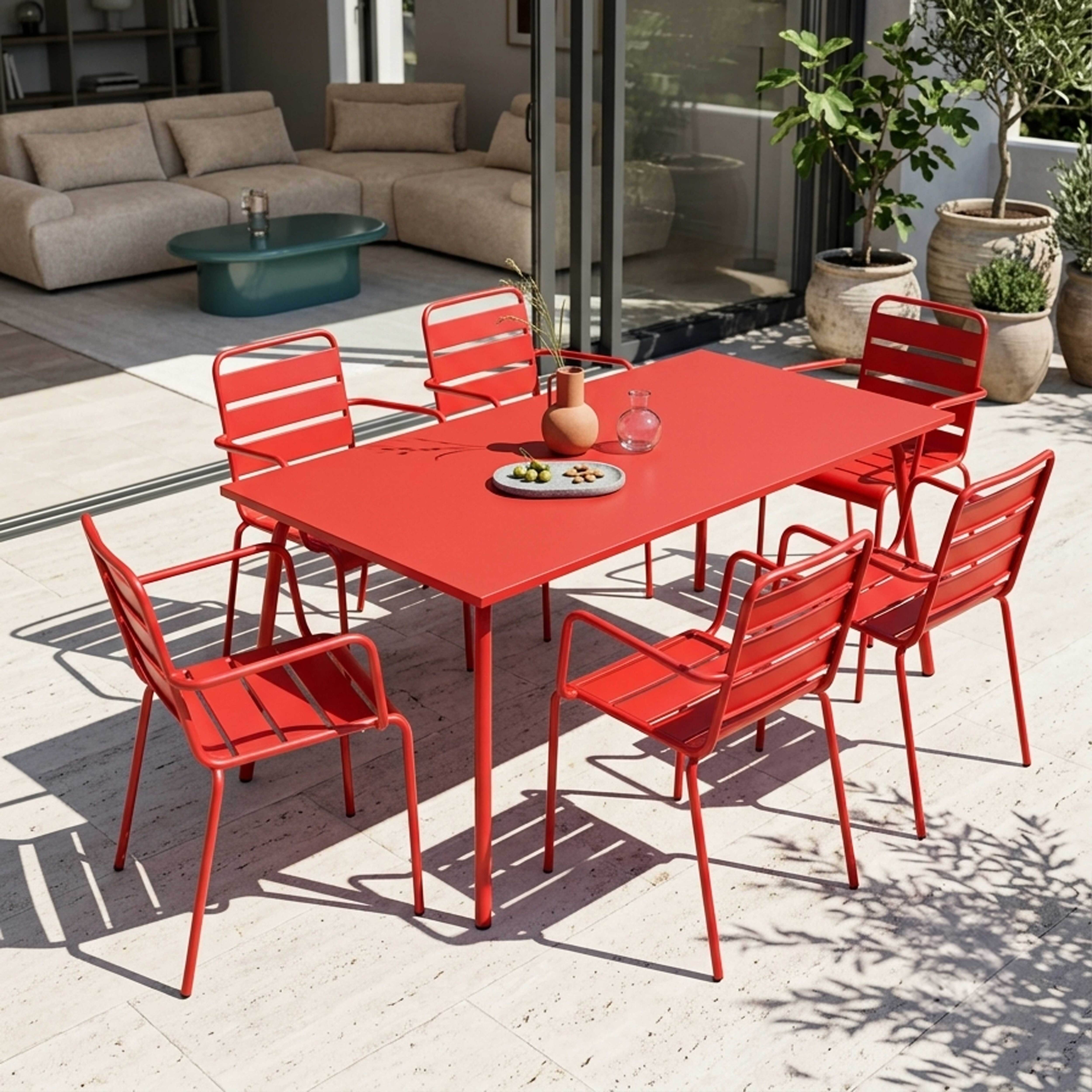 Oviala - Ensemble table de jardin et 6 fauteuils en métal rouge Palavas - Oviala - Image 2