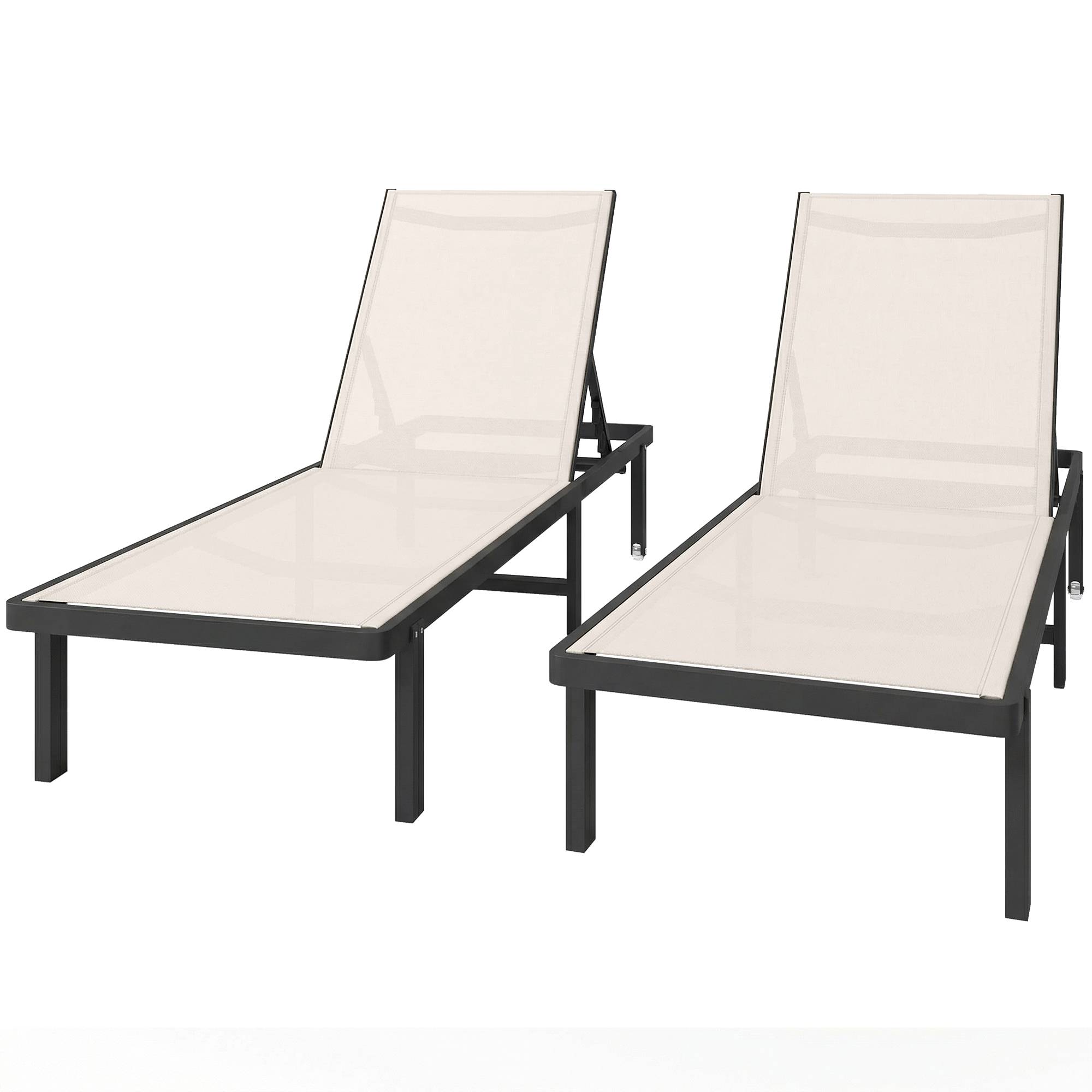 Ensemble de 2 chaises longues inclinables à roulettes, dossier réglable (4 positions), structure en aluminium, tissu textilène beige - Image 2