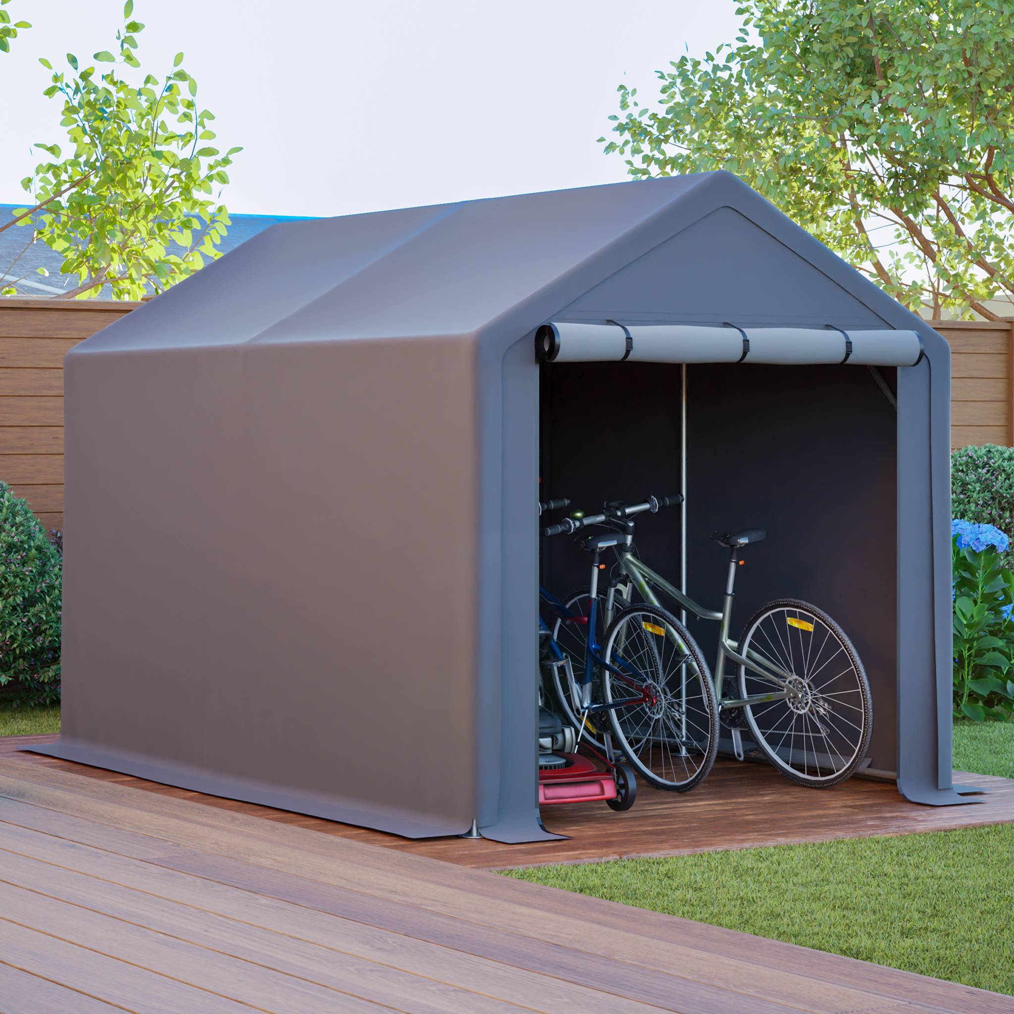 Carport vélo/stockage 296×190×200 cm, bâche imperméable anti-UV, acier galvanisé gris - Image 1