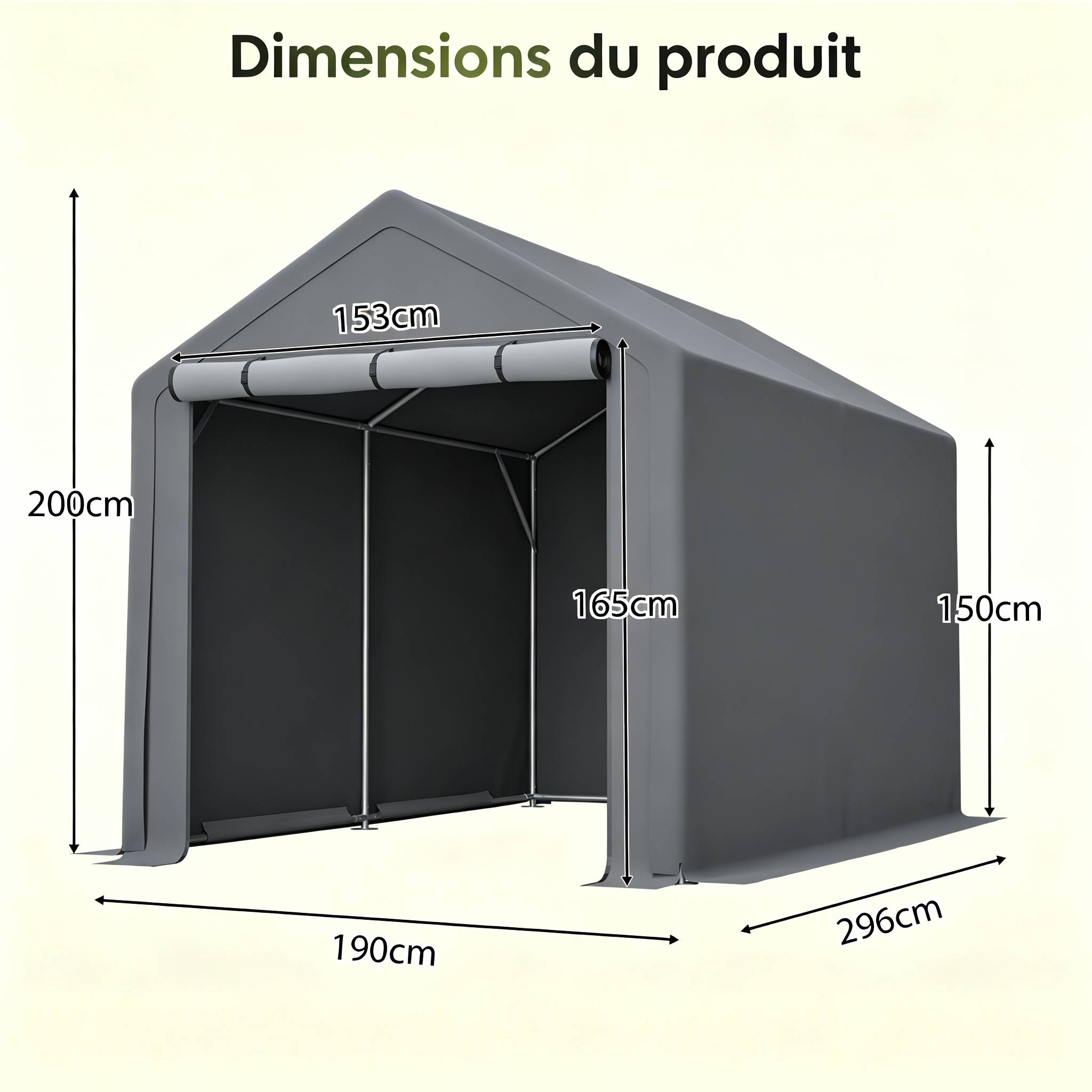 Carport vélo/stockage 296×190×200 cm, bâche imperméable anti-UV, acier galvanisé gris - Image 2