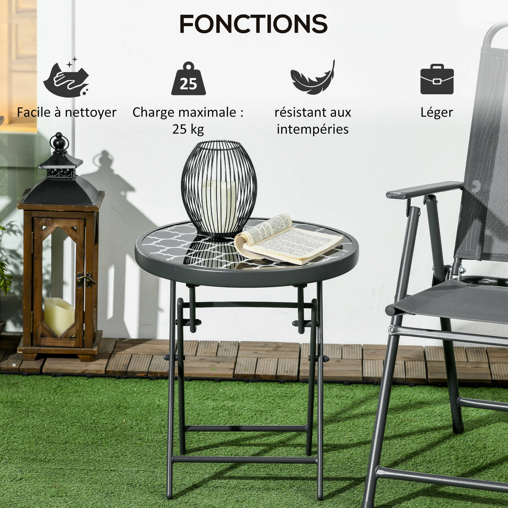 Sans Marque - Table basse pliante table d'appoint pliante plateau en verre trempé motifs noirs et blancs en métal Ø 45 x 50 cm noir - Image 7