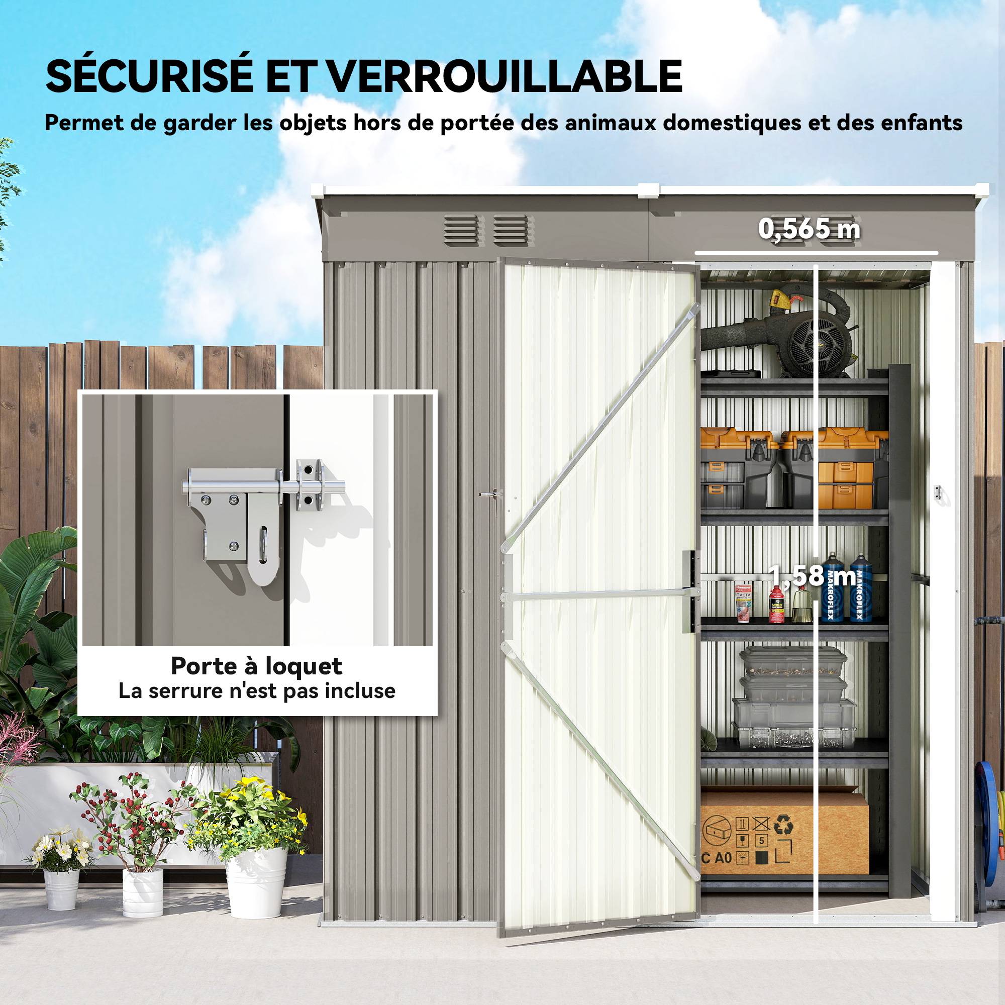 Abri de Jardin en Métal Adossable Toit Incliné 2 Grilles d'Aération Anti-UV 163 x 90 x 179 cm - Image 9