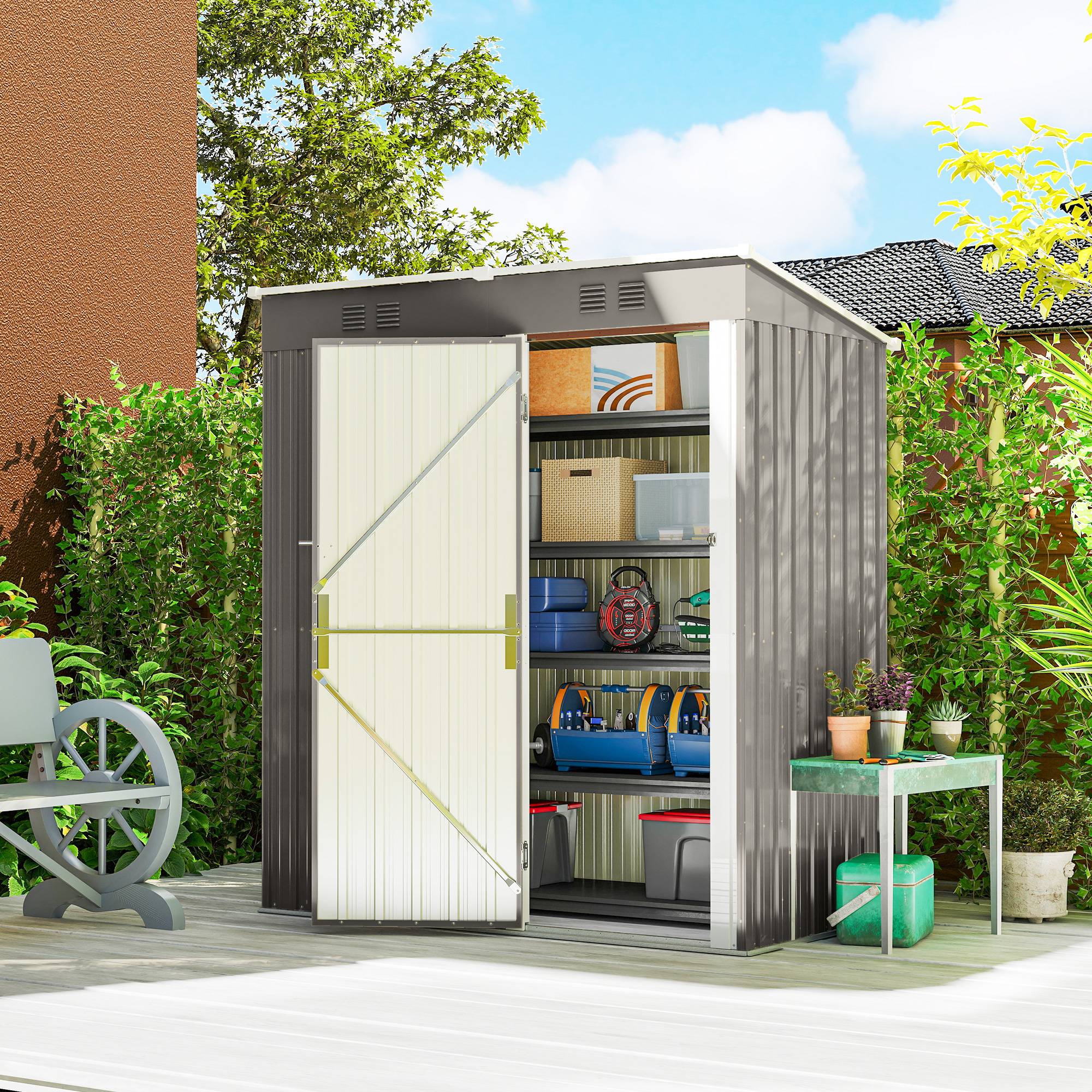 Abri de Jardin en Métal Adossable Toit Incliné 2 Grilles d'Aération Anti-UV 163 x 90 x 179 cm - Image 4