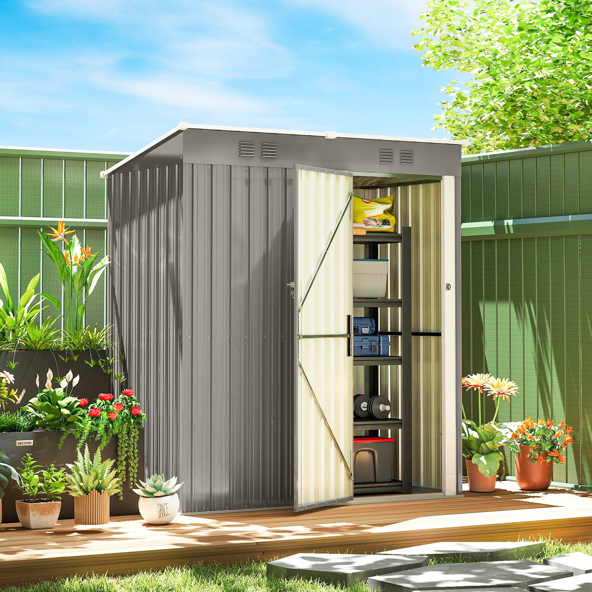 Abri de Jardin en Métal Adossable Toit Incliné 2 Grilles d'Aération Anti-UV 163 x 90 x 179 cm - Image 3
