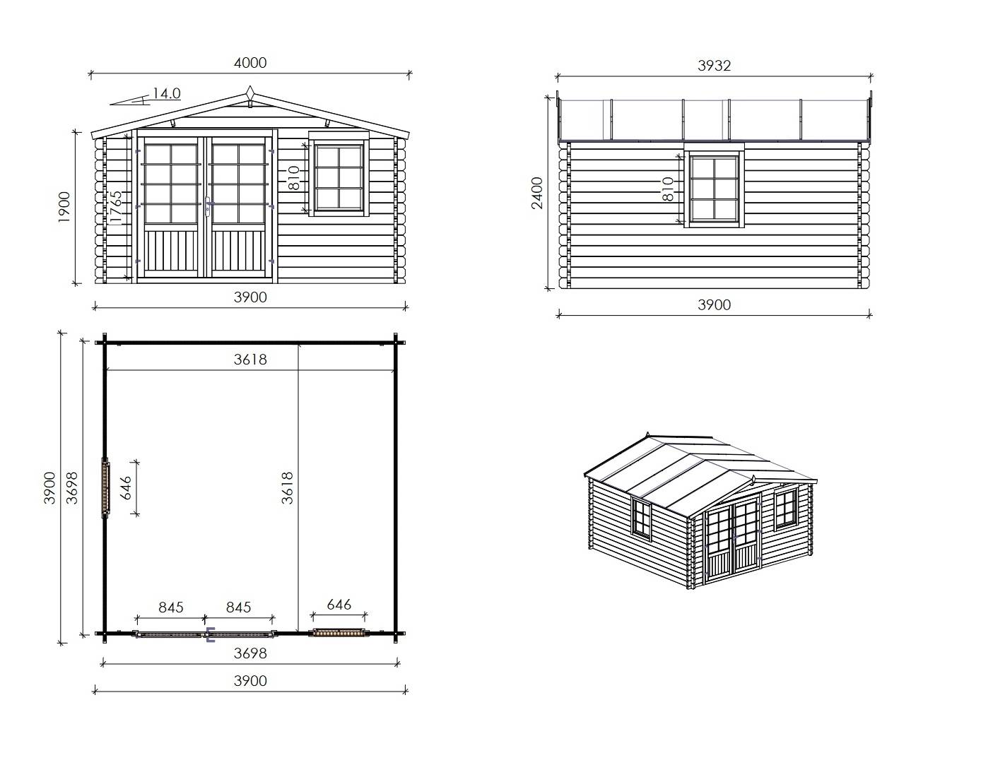Altanka - Abri de jardin en bois - 15.21m2 - 3.9x3.9m - Ep. 40mm - Couleur: naturel - DOM658 - ALTANKA - Image 3