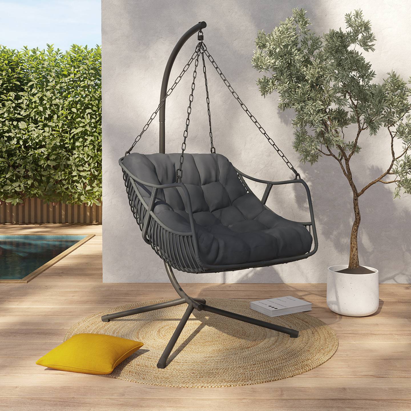 Fauteuil suspendu relax LOA ajouré effet rotin gris avec coussin gris - Image 1
