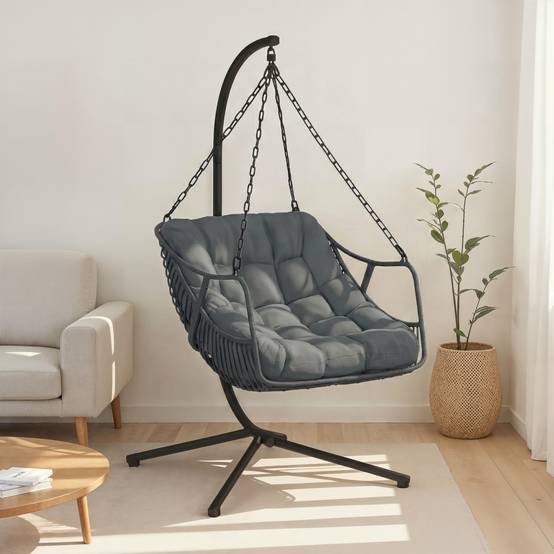 Fauteuil suspendu relax LOA ajouré effet rotin gris avec coussin gris - Image 3
