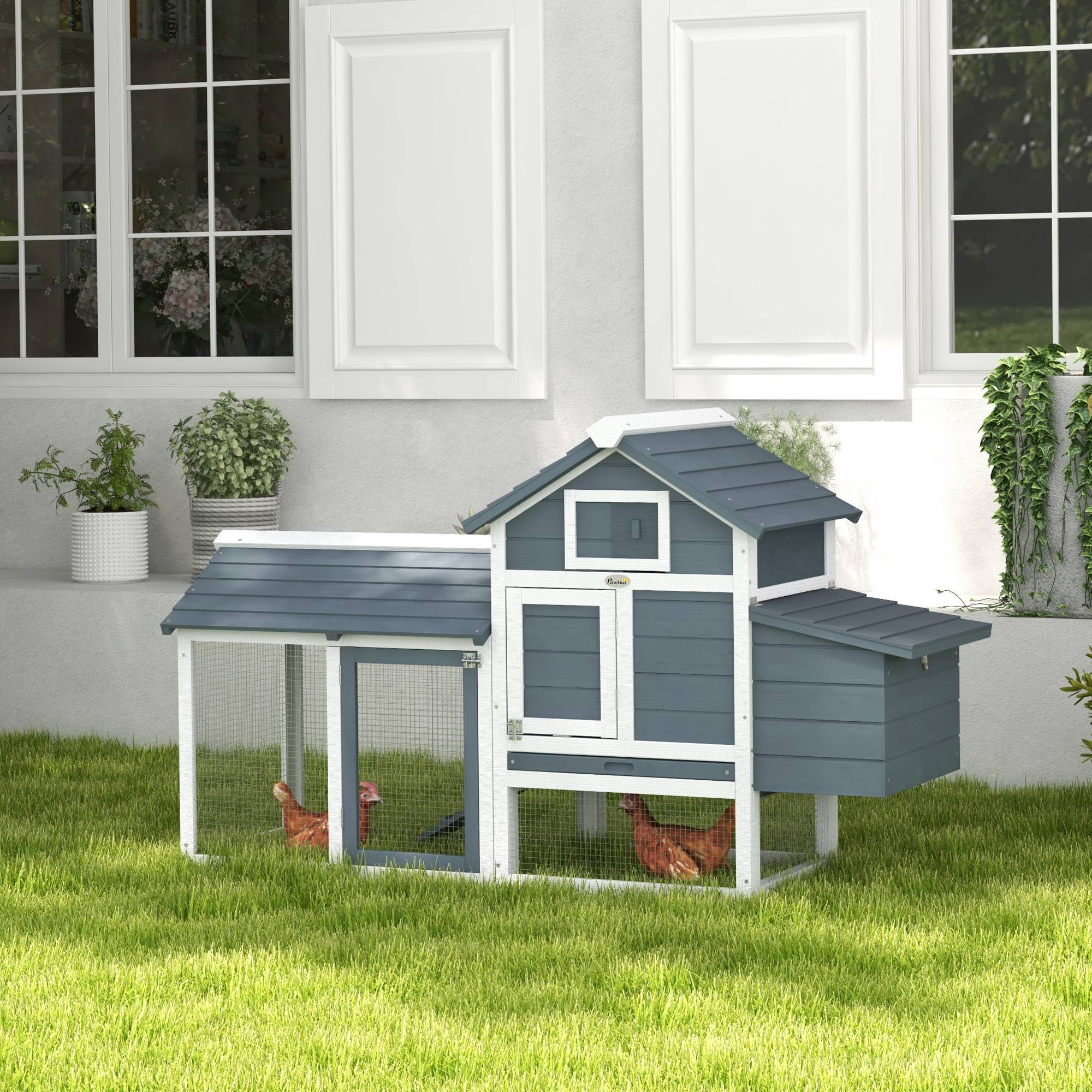 Sans Marque - Petit poulailler cottage cage poules pied 150,5x54x87 cm multi-équipement bois massif sapin - Image 4