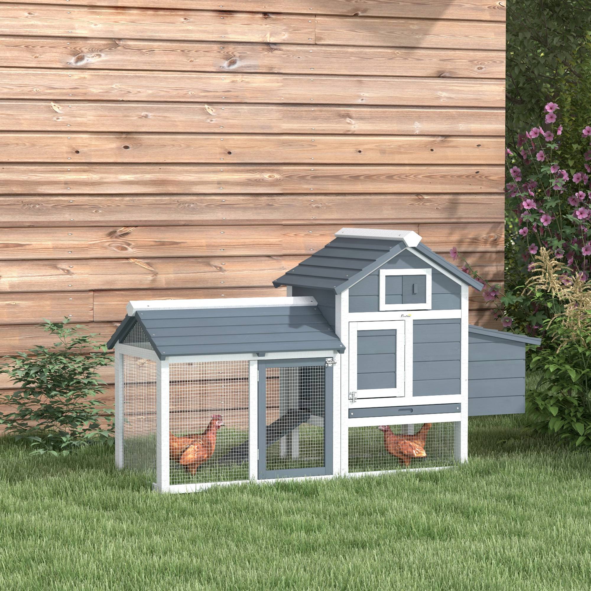 Sans Marque - Petit poulailler cottage cage poules pied 150,5x54x87 cm multi-équipement bois massif sapin - Image 3