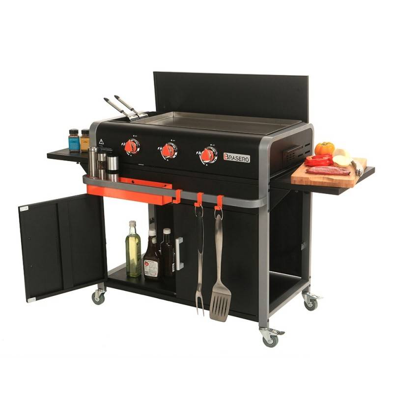Brasero - Plancha Lola sur chariot - BRASERO - 3 feux à gaz - Plaque de cuisson Inox - 68,5 x 35,50 cm - 7,2 KW - Image 4
