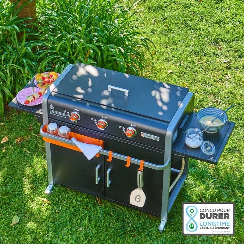 Brasero - Plancha Lola sur chariot - BRASERO - 3 feux à gaz - Plaque de cuisson Inox - 68,5 x 35,50 cm - 7,2 KW - Image 2