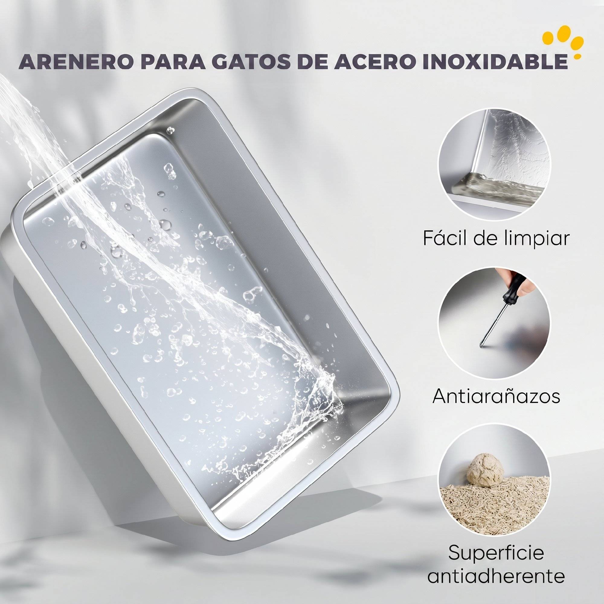 Bac à litière XL en acier inoxydable avec couvercle à charnière, rebord haut et pelle métallique anti-fuites - Gris clair - Image 7