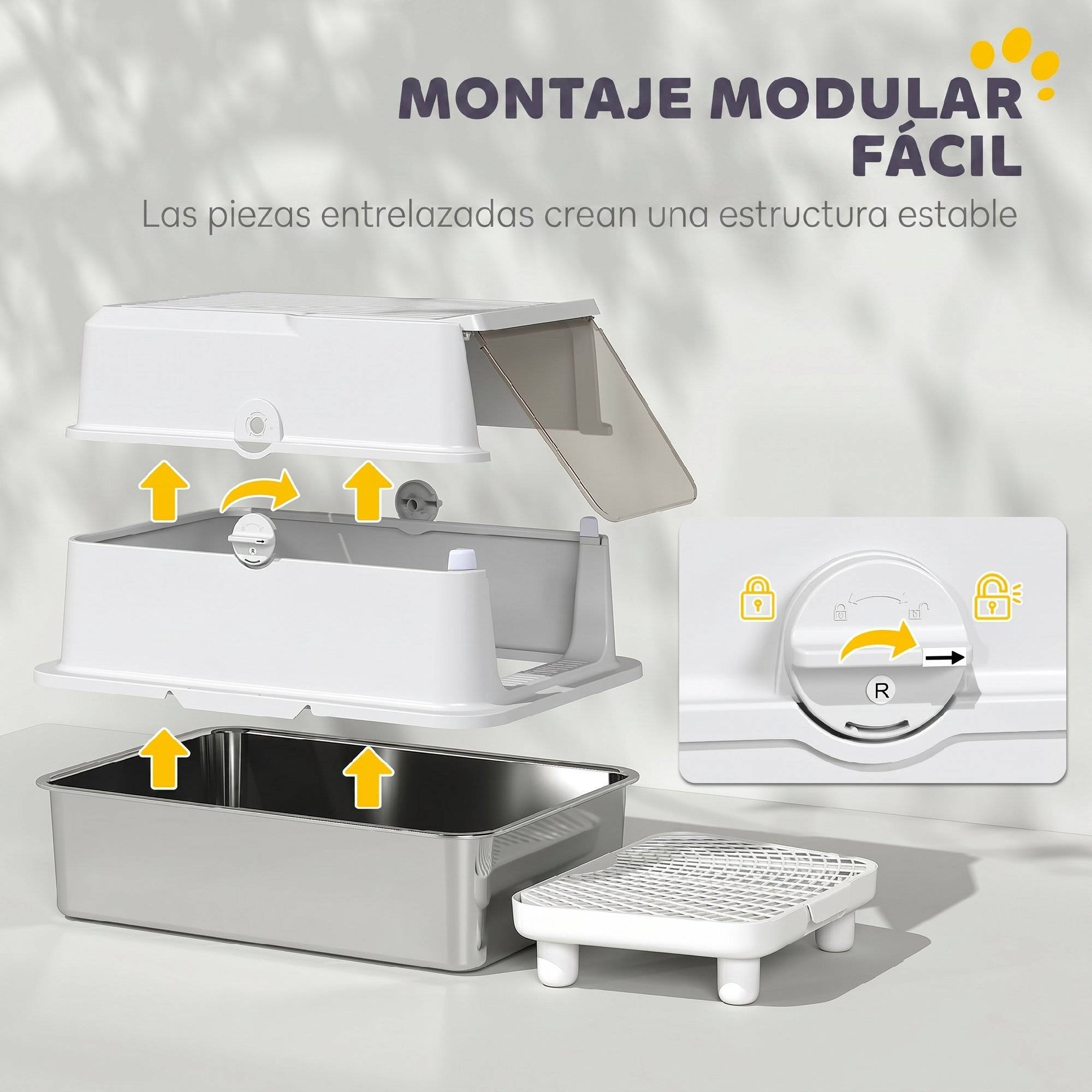 Bac à litière XL en acier inoxydable avec couvercle à charnière, rebord haut et pelle métallique anti-fuites - Gris clair - Image 9