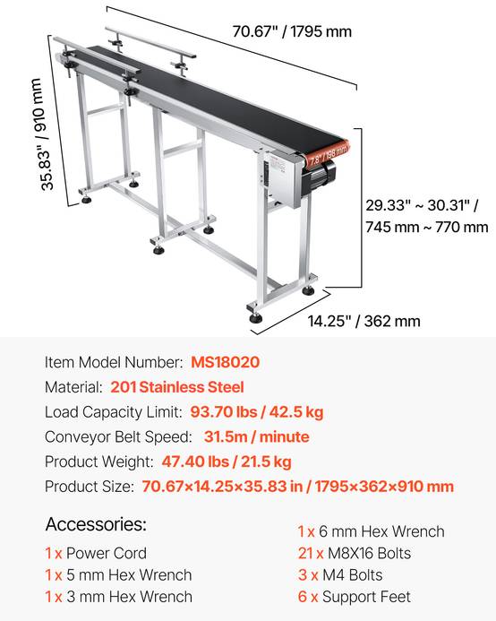 VEVOR Convoyeur à bande acier inoxydable PVC 1803,4x198,1 mm double garde-corps - Image 7