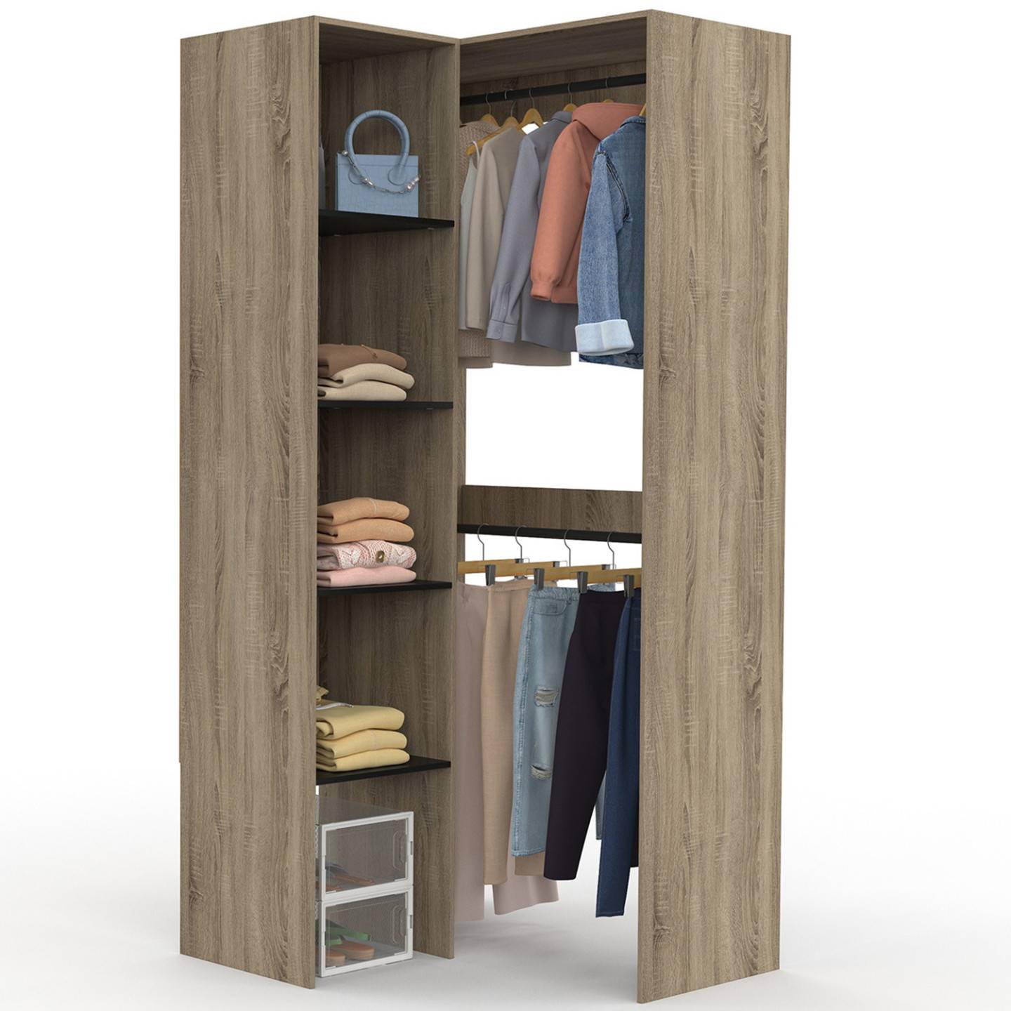 Dressing d'angle modulable L. 90 / 127 cm MELMAN double penderie + étagères bois et noir - Image 2