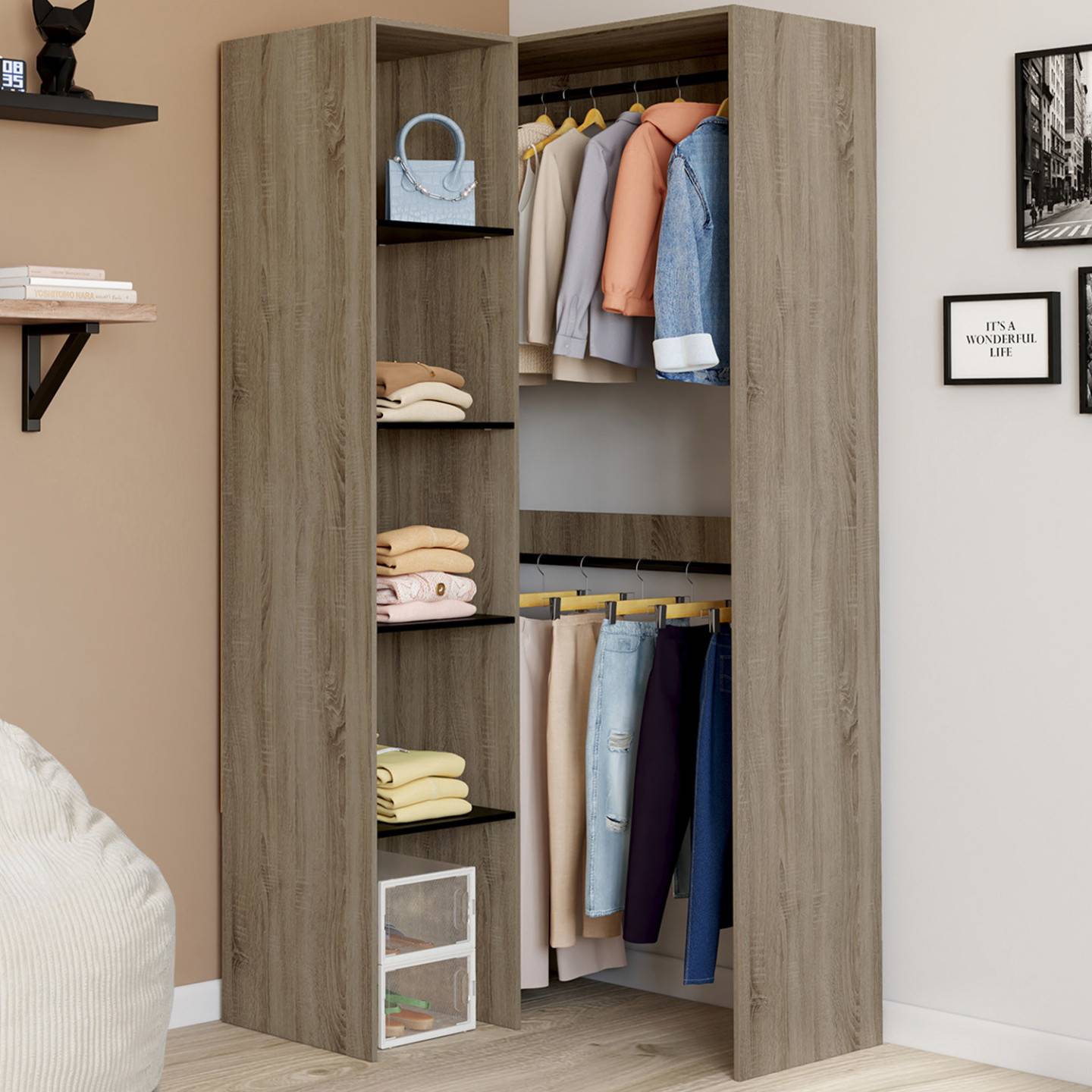 Dressing d'angle modulable L. 90 / 127 cm MELMAN double penderie + étagères bois et noir - Image 1