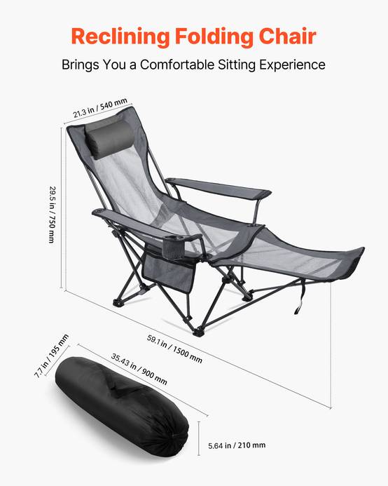 Vevor - VEVOR Chaise Camping Pliante Chaise Longue Inclinable Portable Tissu Maille Gris - Image 2