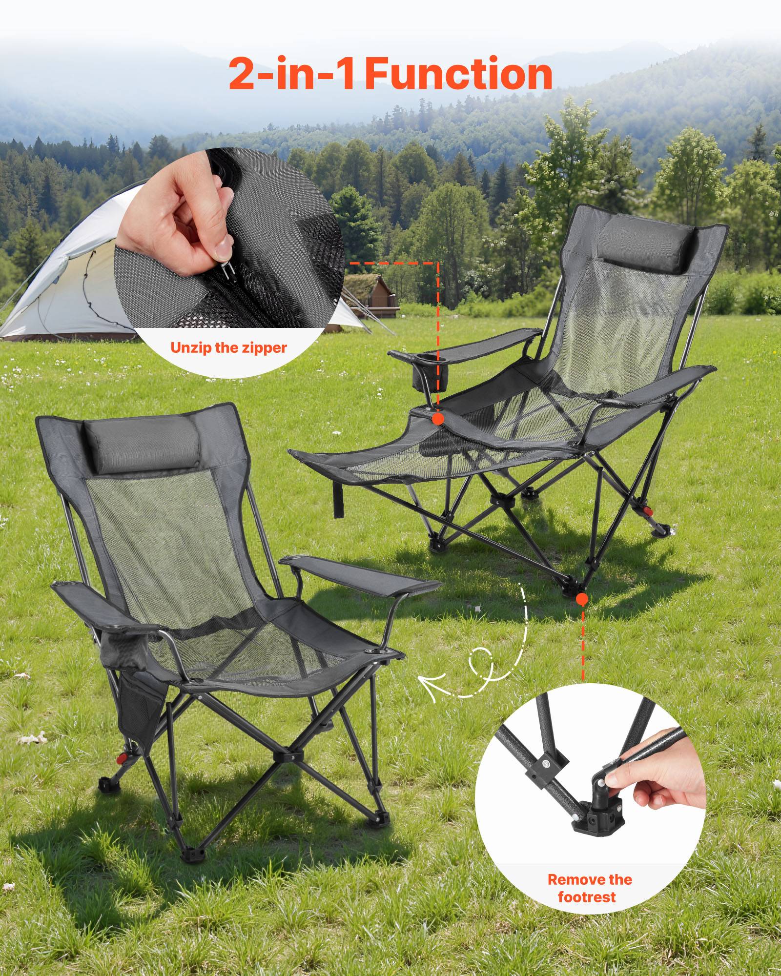 Vevor - VEVOR Chaise Camping Pliante Chaise Longue Inclinable Portable Tissu Maille Gris - Image 5
