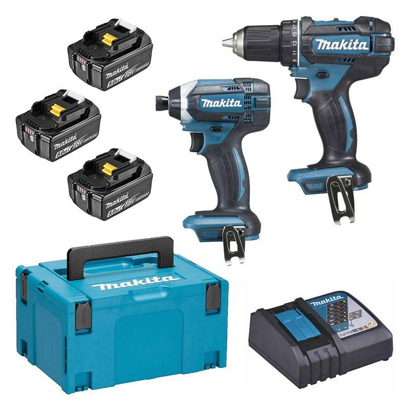 Pack de 2 machines 18V - Perceuse visseuse Ø 13 mm DDF482 + Visseuse à chocs 165 Nm DTD152 - MAKITA - avec 3 batteries 18V 5Ah + chargeur rapide + Mak - Image 1