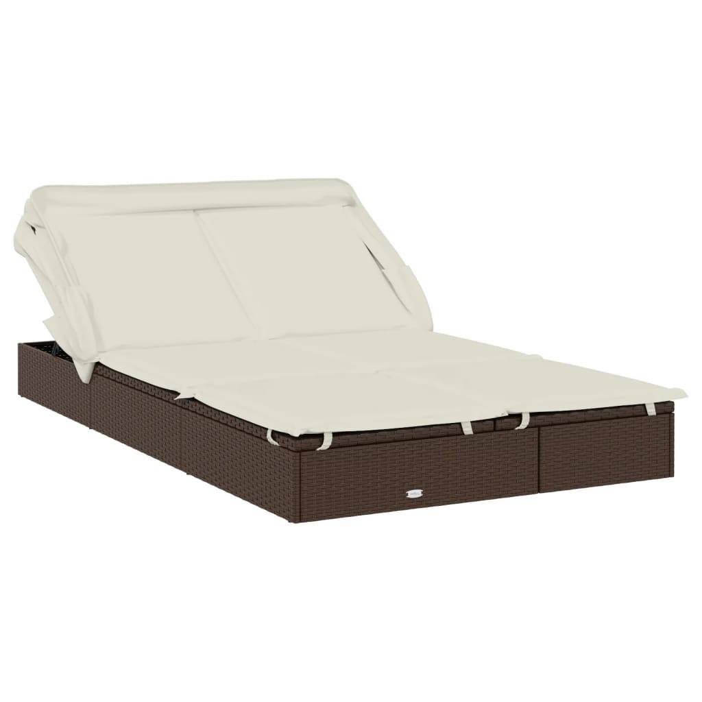 Helloshop26 - Transat bain de soleil chaise longue 2 places avec toit pliable 213 x 118 x 97 cm marron - Image 1