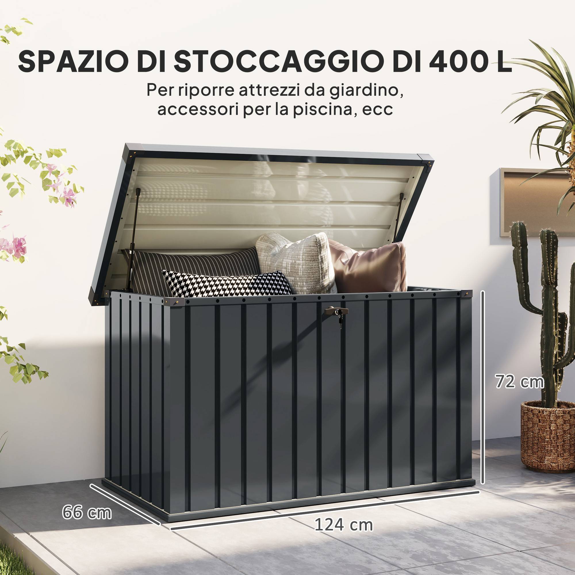 ComfortXL - Coffre de jardin 400L en acier galvanisé avec vérins à gaz et serrure 124x66x72cm Gris - ComfortXL Outdoor Living - Image 5