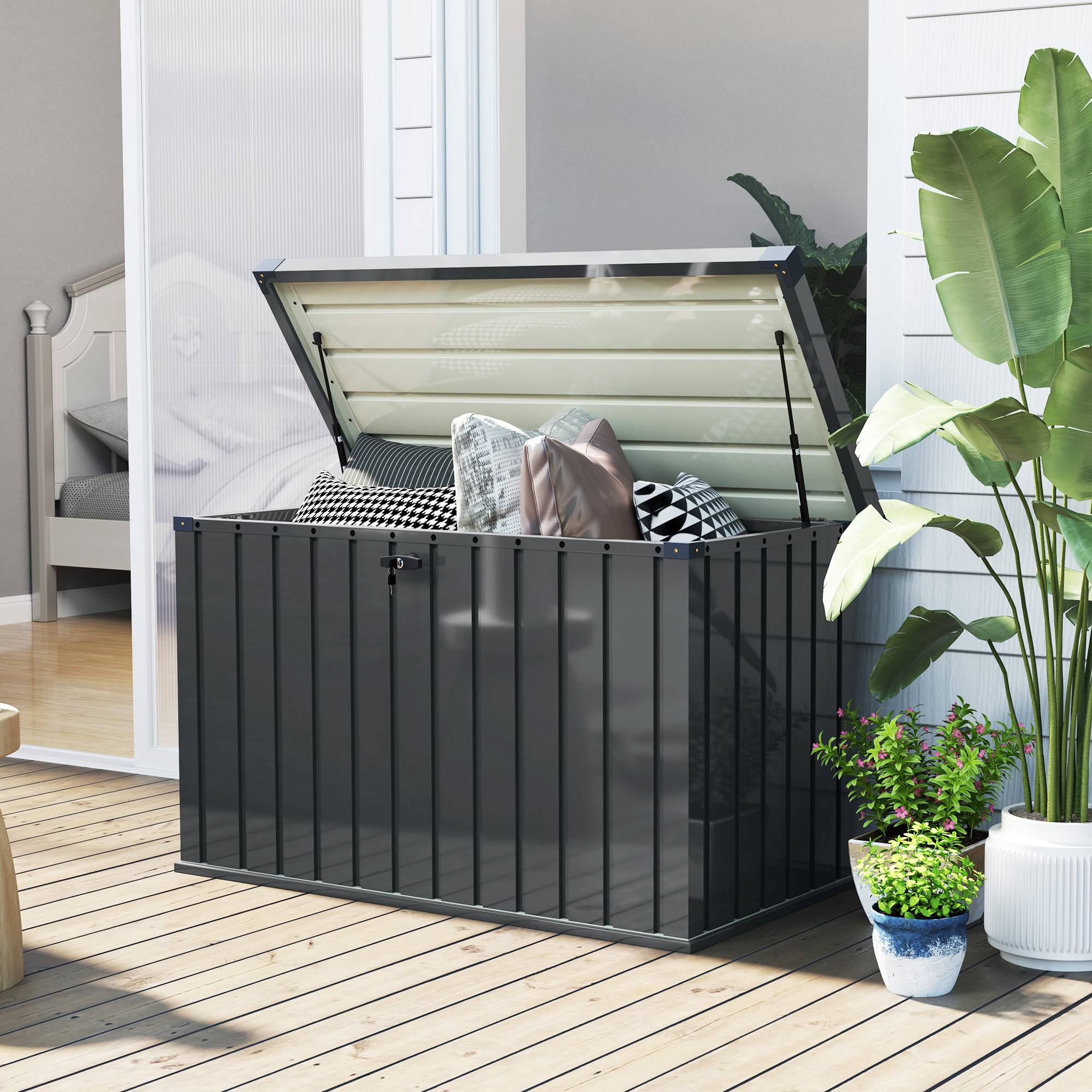 ComfortXL - Coffre de jardin 400L en acier galvanisé avec vérins à gaz et serrure 124x66x72cm Gris - ComfortXL Outdoor Living - Image 4