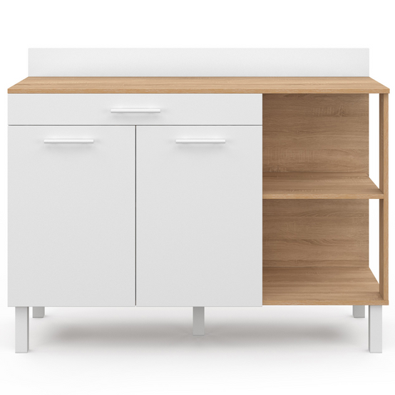 Buffet bas de cuisine 120 cm CINA plan de travail H.83 cm 2 portes + tiroir façon hêtre et blanc - Image 3