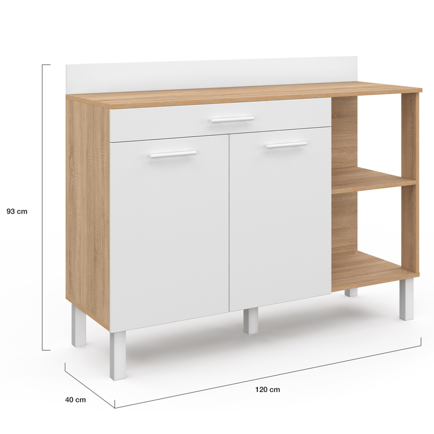 Buffet bas de cuisine 120 cm CINA plan de travail H.83 cm 2 portes + tiroir façon hêtre et blanc - Image 5
