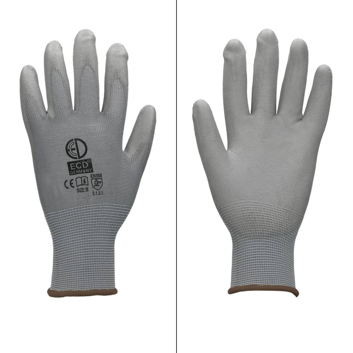 Ecd-Germany - ECD Germany 4 paires de gants de travail avec revêtement PU, taille 9-L, gris, respirant, antidérapant - Image 2