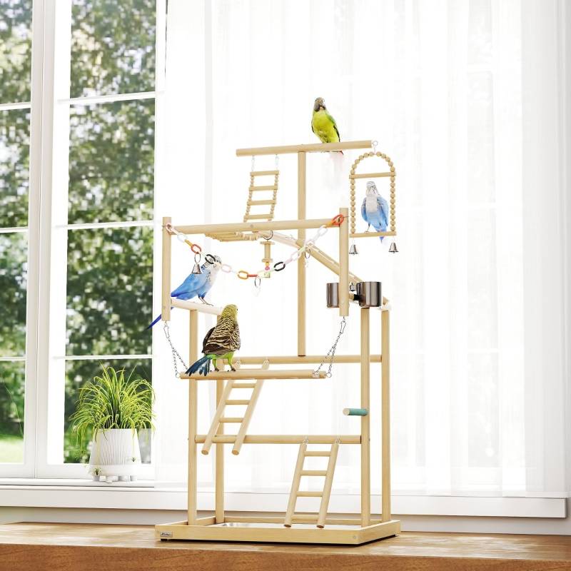 Aire de jeux oiseaux bois naturel perroquets 4 niveaux avec accessoires 95cm - ComfortXL Outdoor Living - Image 8