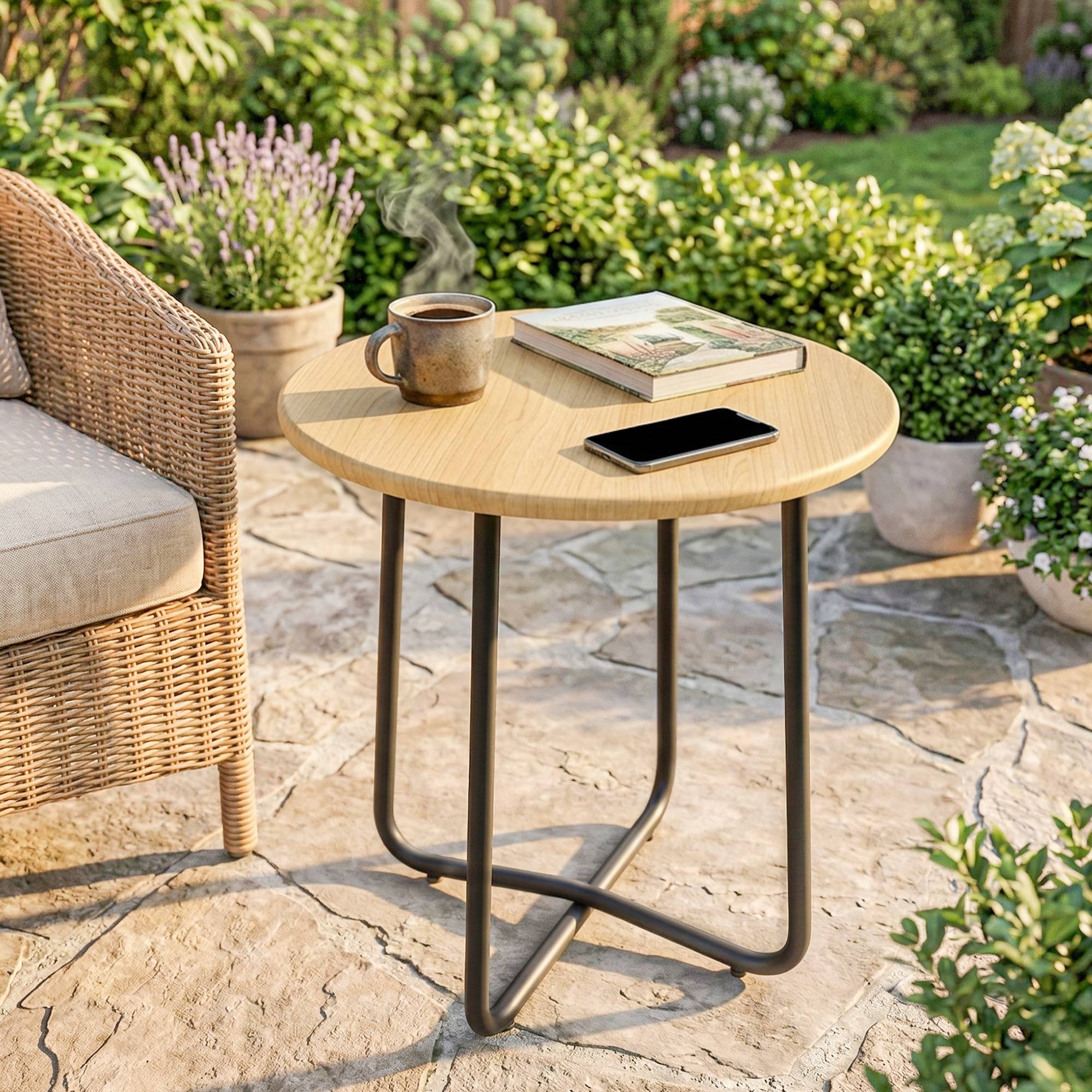 Table jardin ronde métal balcon terrasse, Ø48x51 cm, effet bois naturel - Image 4