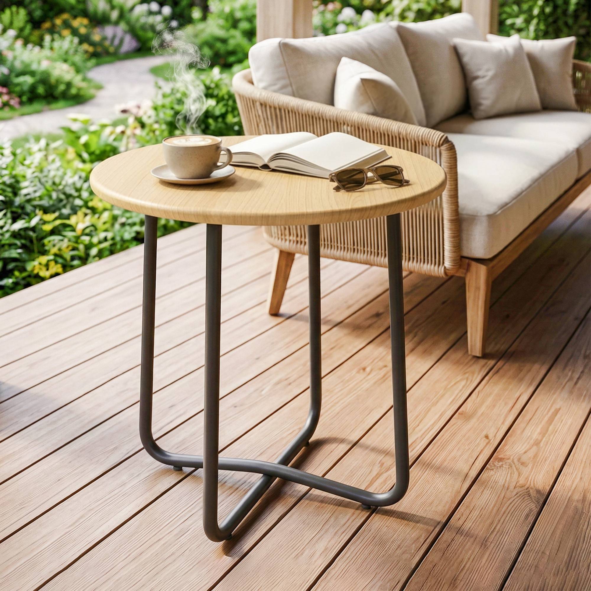 Table jardin ronde métal balcon terrasse, Ø48x51 cm, effet bois naturel - Image 3