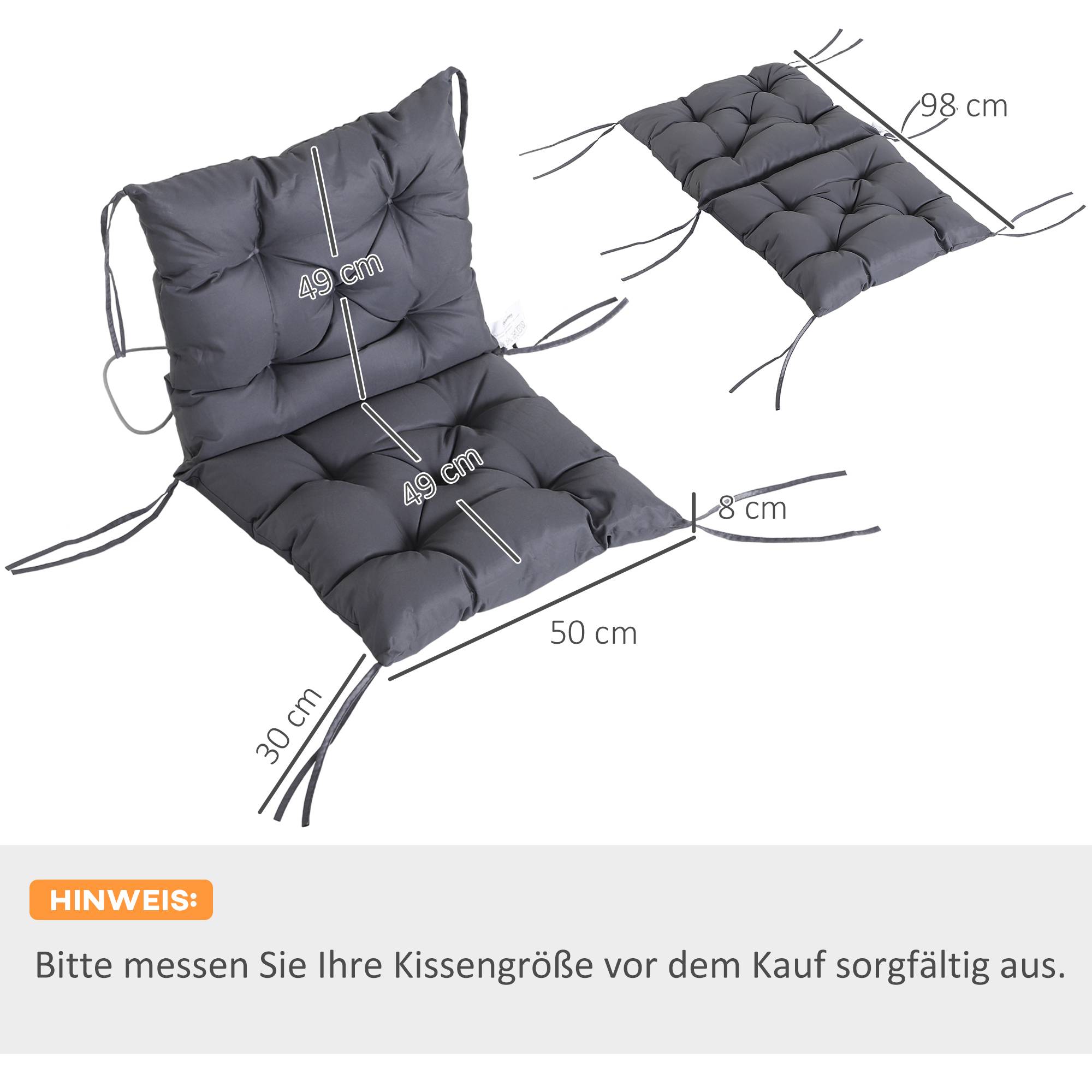 Lot de 2 coussins d'assise, 98 cm x 50 cm x 8 cm, avec attaches, rembourrés et lavables. Coussins ergonomiques pour la maison - Image 5