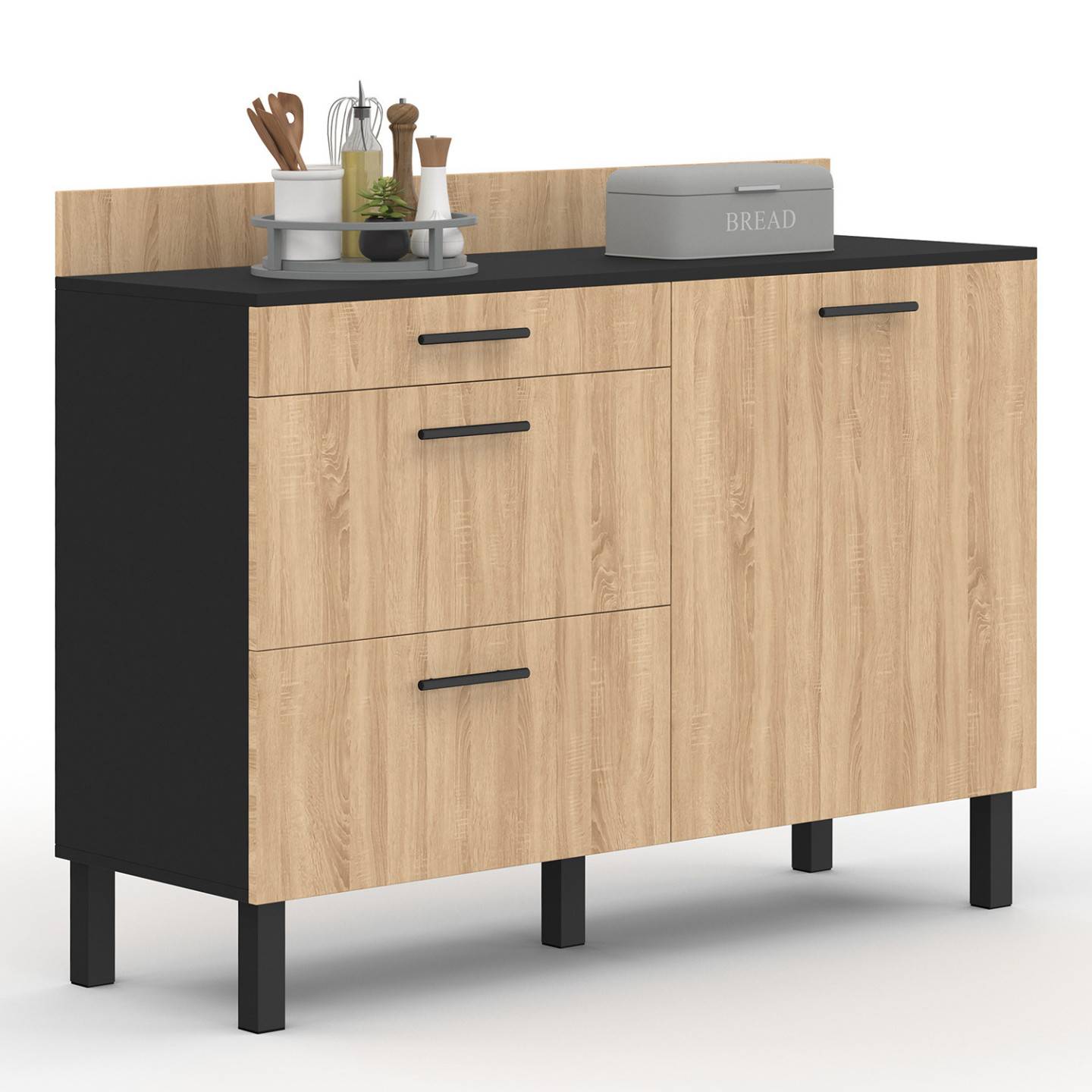 Buffet bas casserolier de cuisine 120 cm CINA plan de travail H.83 cm 1 porte + 3 tiroirs noir et façon hêtre - Image 3