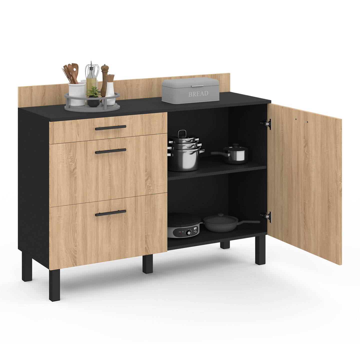 Buffet bas casserolier de cuisine 120 cm CINA plan de travail H.83 cm 1 porte + 3 tiroirs noir et façon hêtre - Image 5