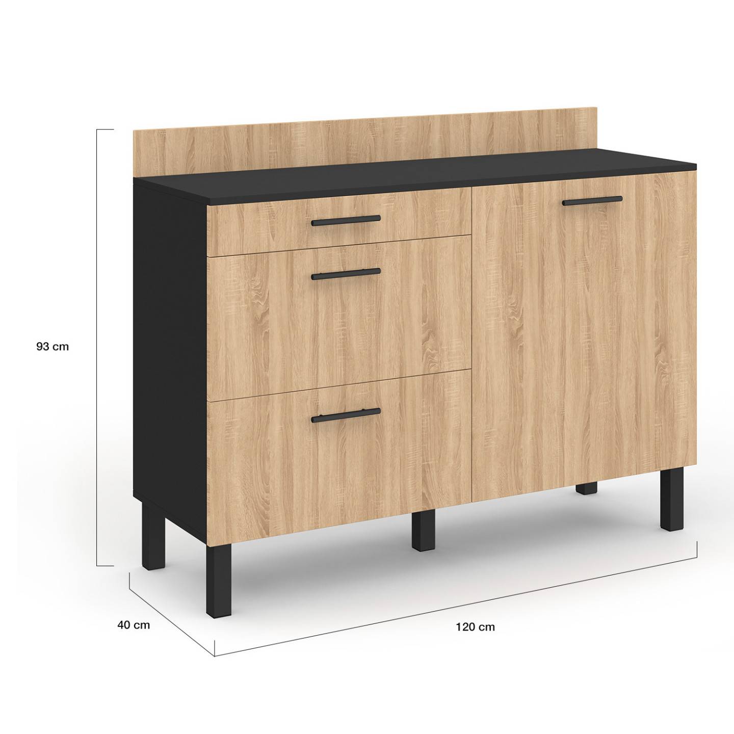 Buffet bas casserolier de cuisine 120 cm CINA plan de travail H.83 cm 1 porte + 3 tiroirs noir et façon hêtre - Image 6