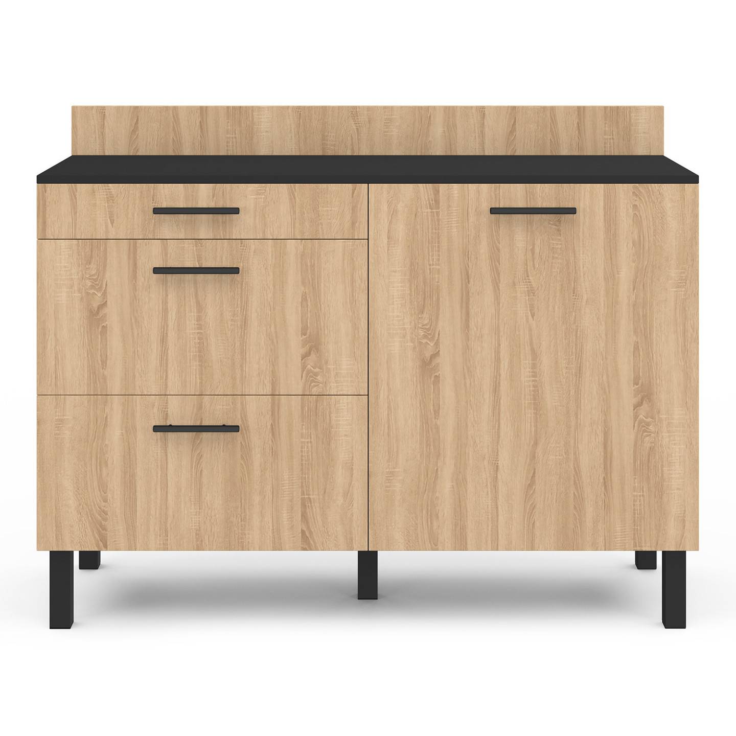 Buffet bas casserolier de cuisine 120 cm CINA plan de travail H.83 cm 1 porte + 3 tiroirs noir et façon hêtre - Image 4