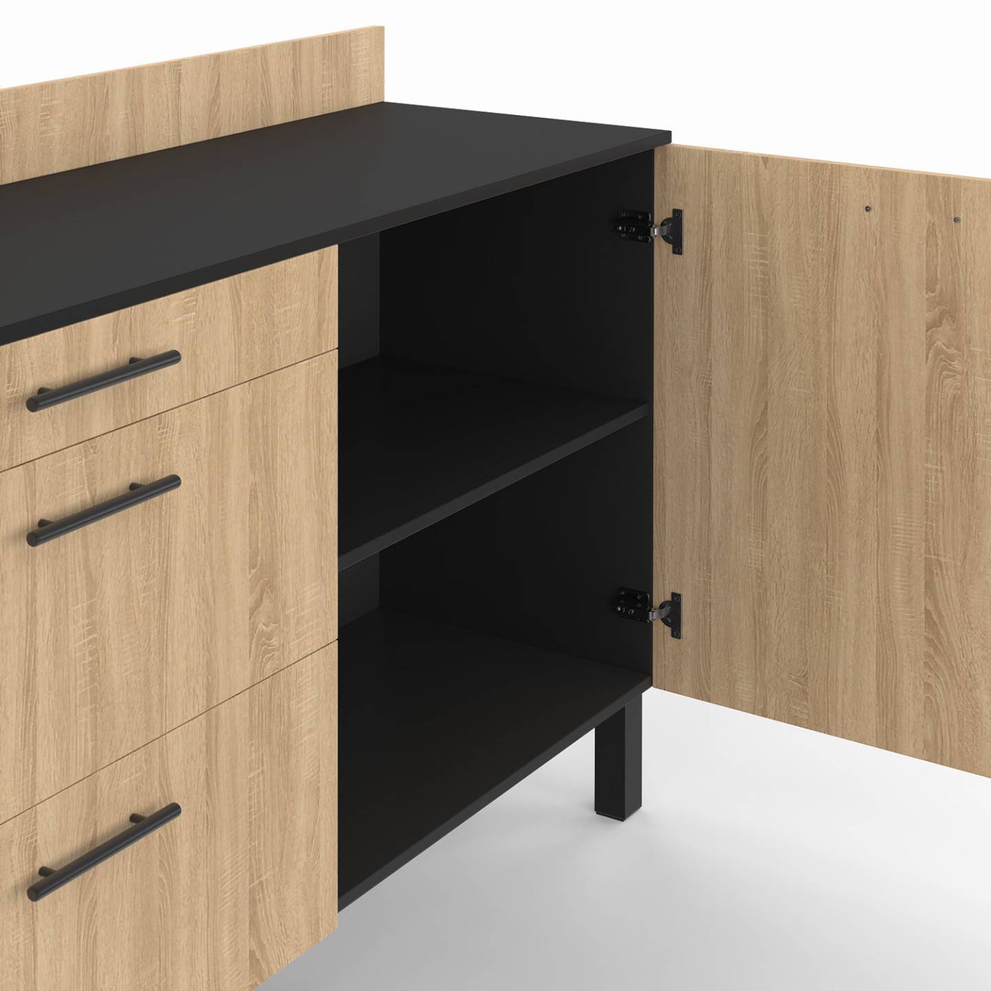 Buffet bas casserolier de cuisine 120 cm CINA plan de travail H.83 cm 1 porte + 3 tiroirs noir et façon hêtre - Image 7