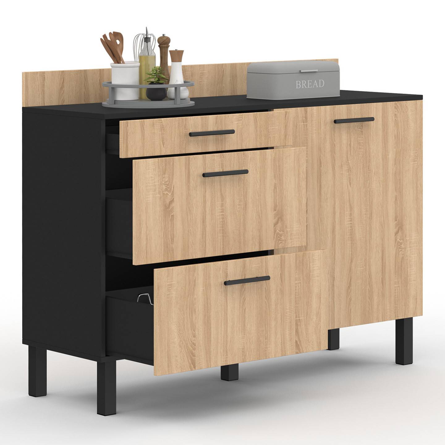 Buffet bas casserolier de cuisine 120 cm CINA plan de travail H.83 cm 1 porte + 3 tiroirs noir et façon hêtre - Image 2