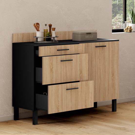 Buffet bas casserolier de cuisine 120 cm CINA plan de travail H.83 cm 1 porte + 3 tiroirs noir et façon hêtre - Image 1