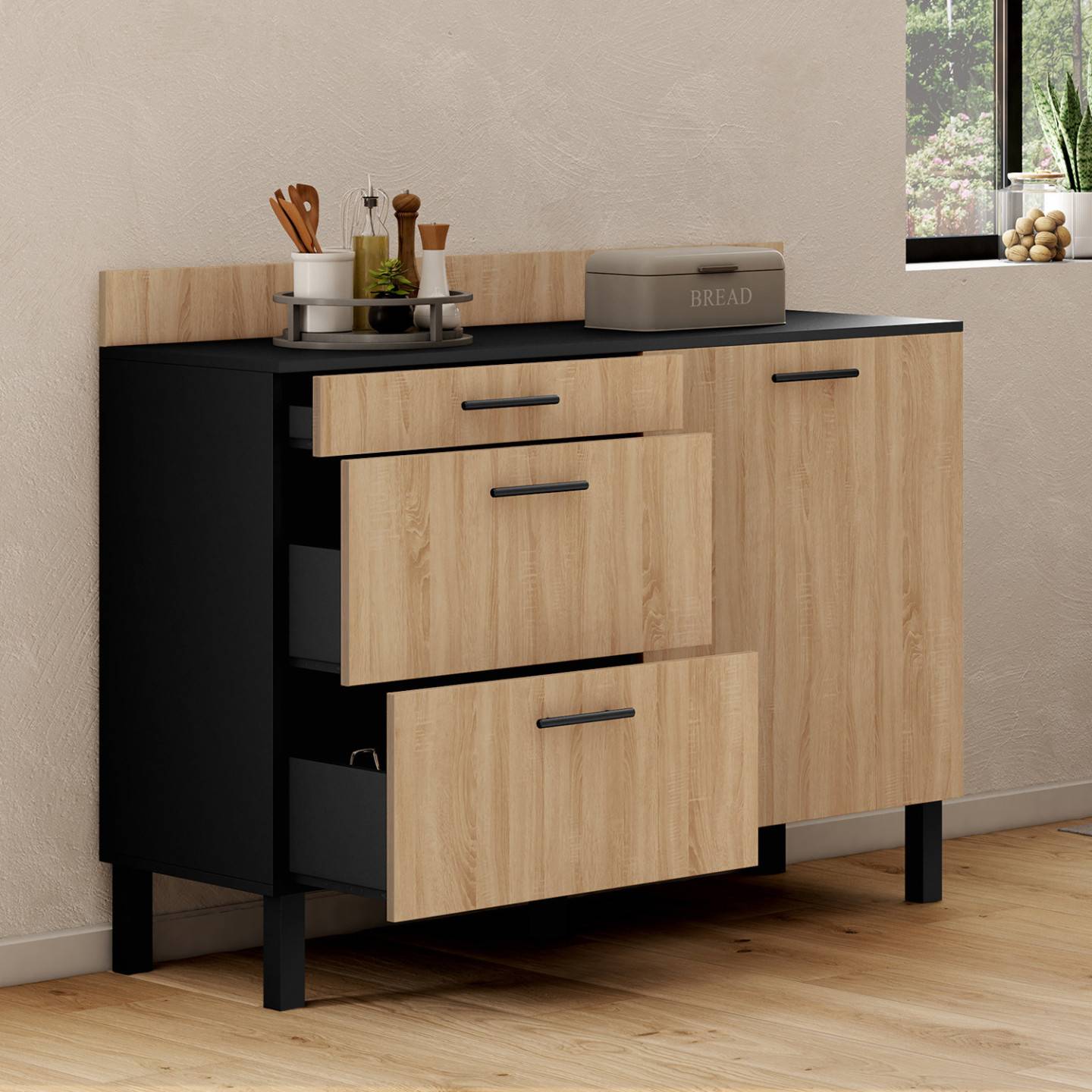 Buffet bas casserolier de cuisine 120 cm CINA plan de travail H.83 cm 1 porte + 3 tiroirs noir et façon hêtre - Image 1