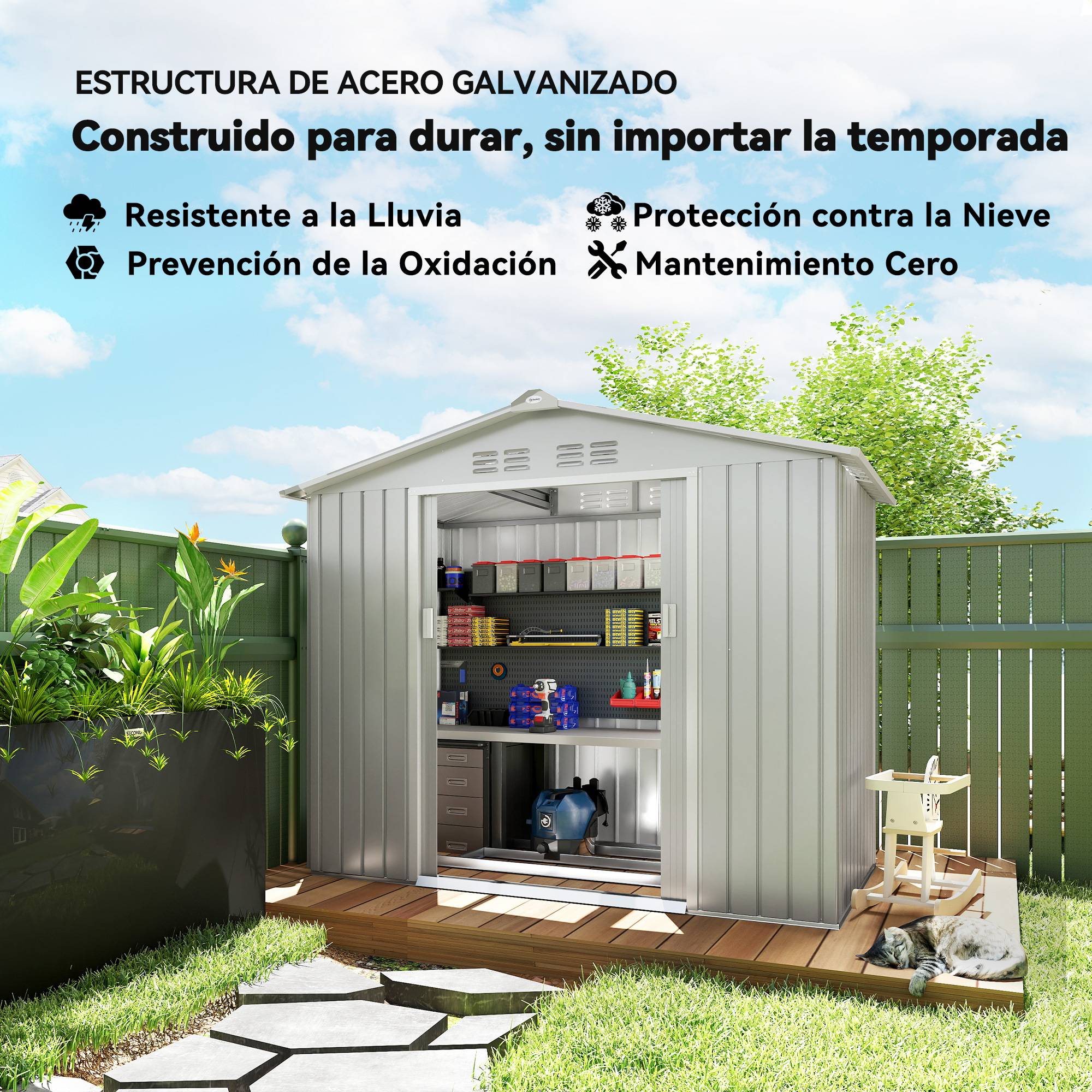 Abri de jardin 213 x 130 x 185 cm avec portes coulissantes et puits de lumière pour le rangement des outils, gris argenté - Image 7