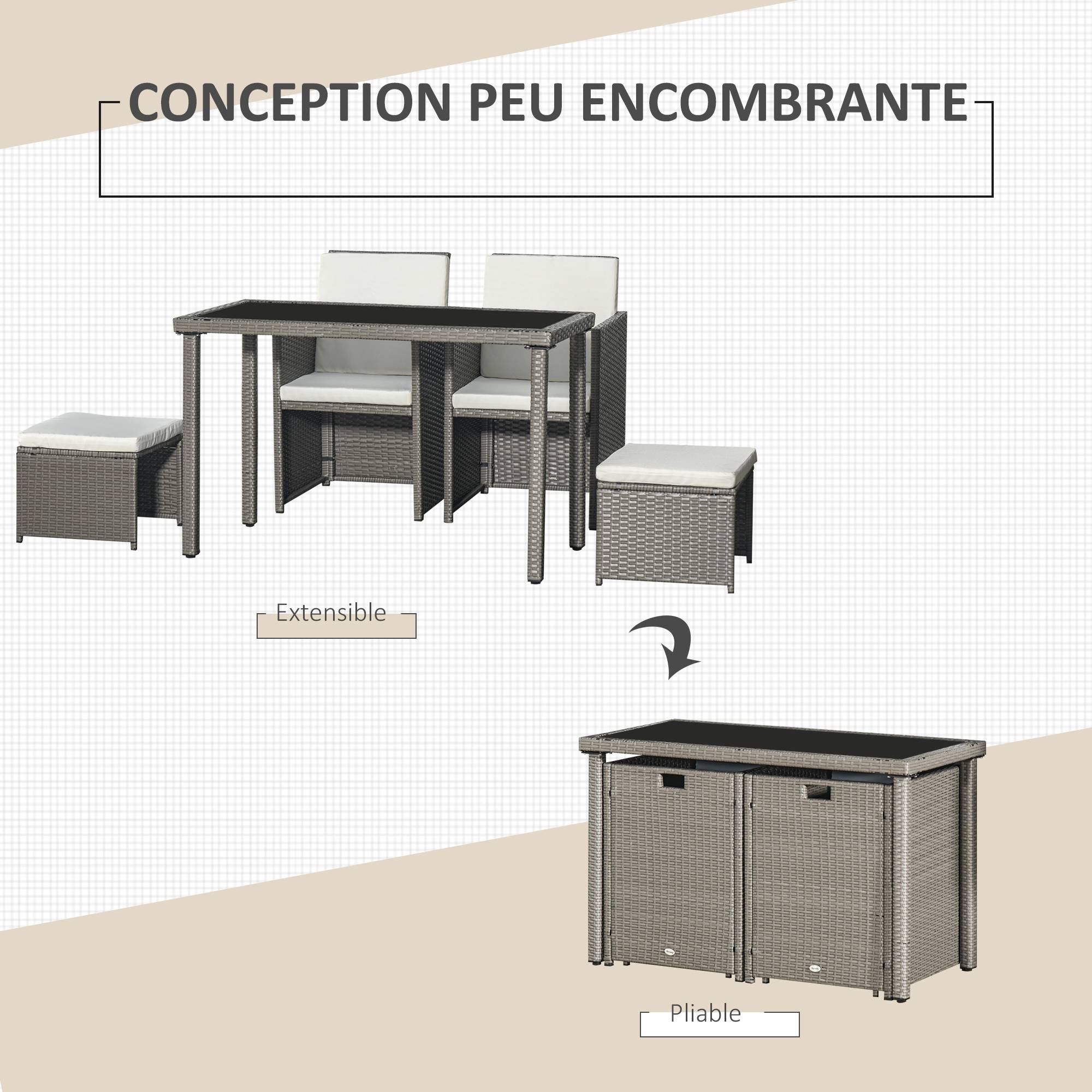 Outsunny - Ensemble salon de jardin encastrable 2 fauteuils monoblocs + 2 tabourets + table basse résine tressée coussins déhoussables crème gris - Outsunny - Image 5