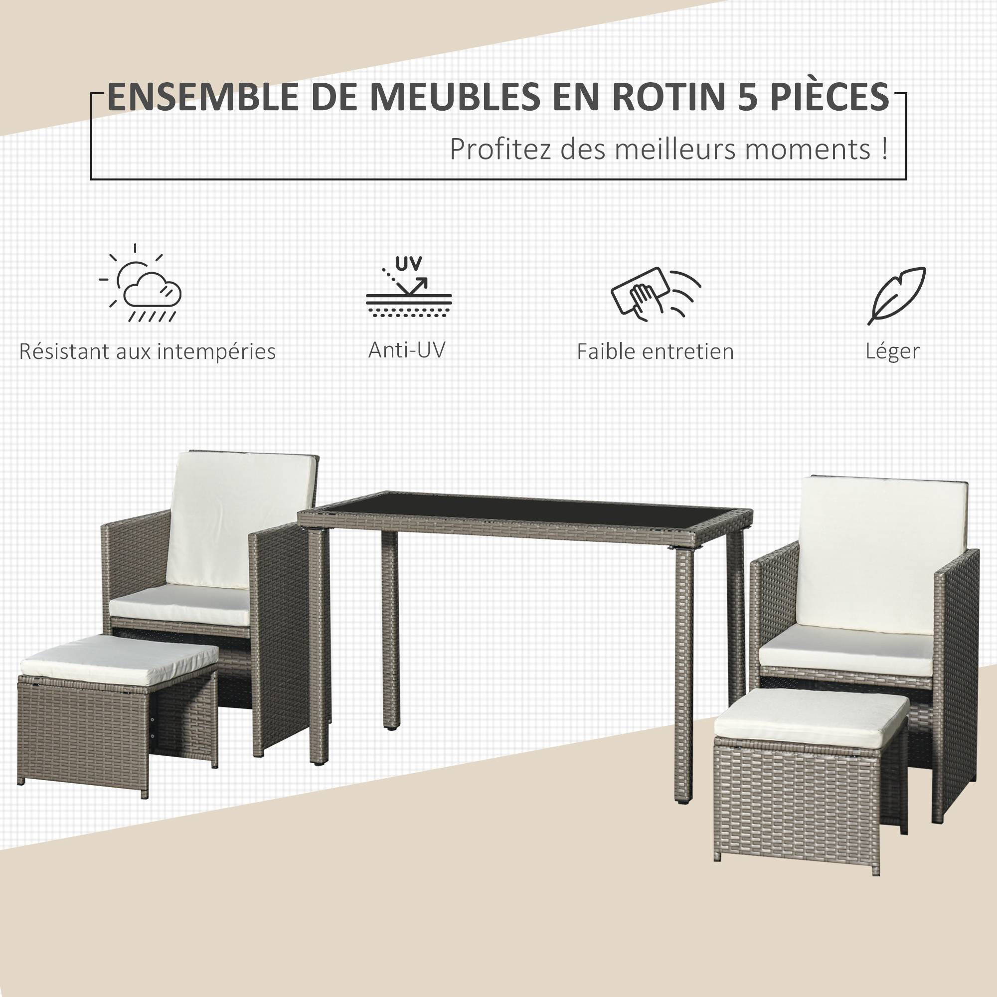 Outsunny - Ensemble salon de jardin encastrable 2 fauteuils monoblocs + 2 tabourets + table basse résine tressée coussins déhoussables crème gris - Outsunny - Image 4