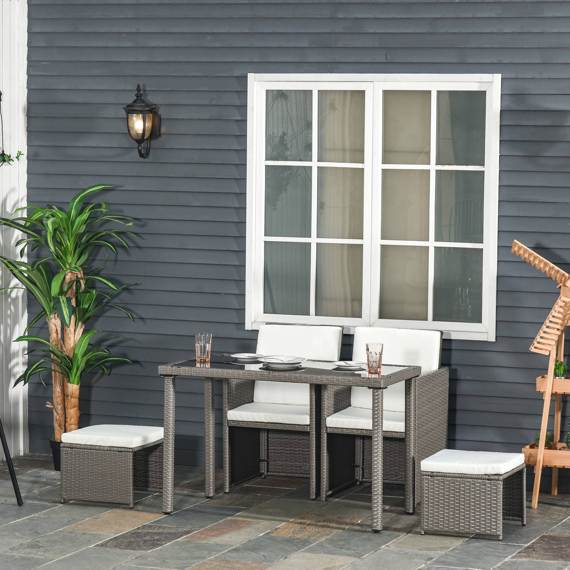 Outsunny - Ensemble salon de jardin encastrable 2 fauteuils monoblocs + 2 tabourets + table basse résine tressée coussins déhoussables crème gris - Outsunny - Image 2